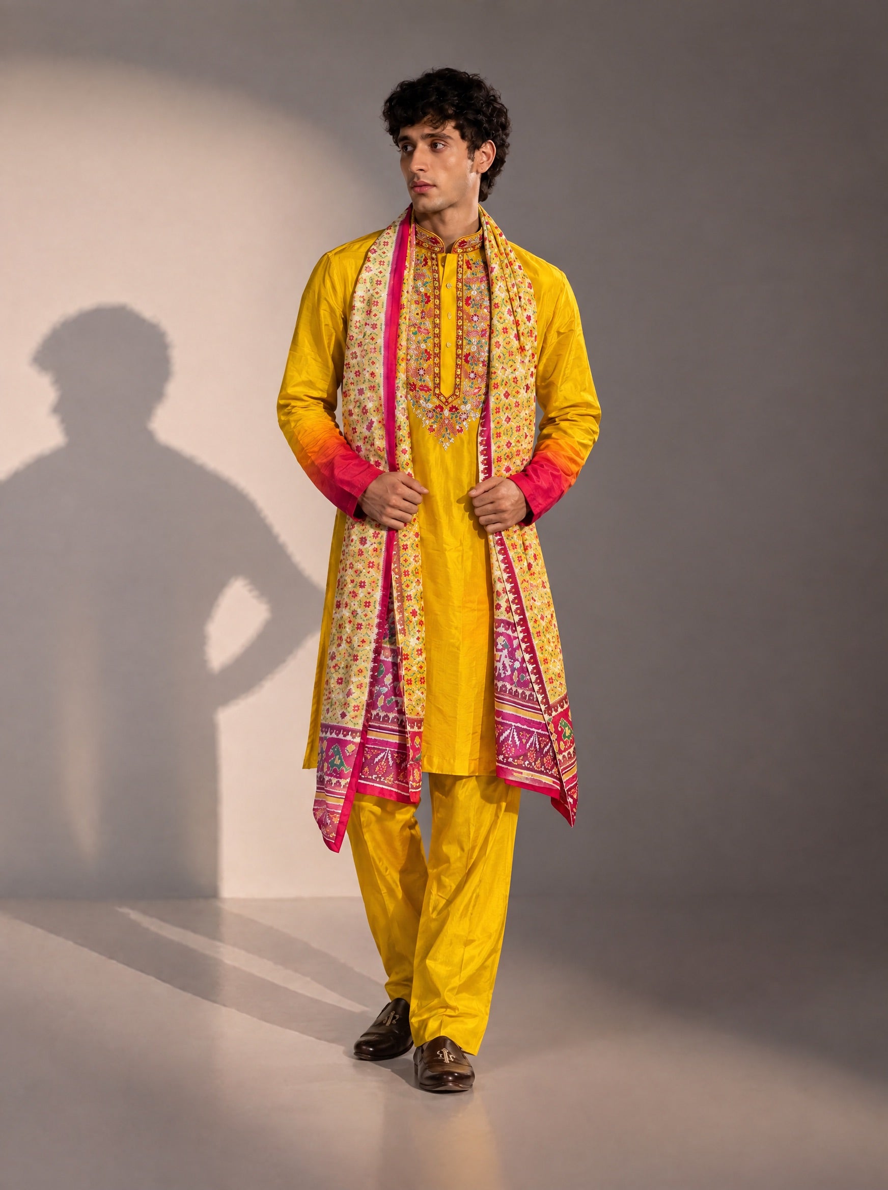Yellow Embroidered Kurta Pajama With Dupatta  for Men
