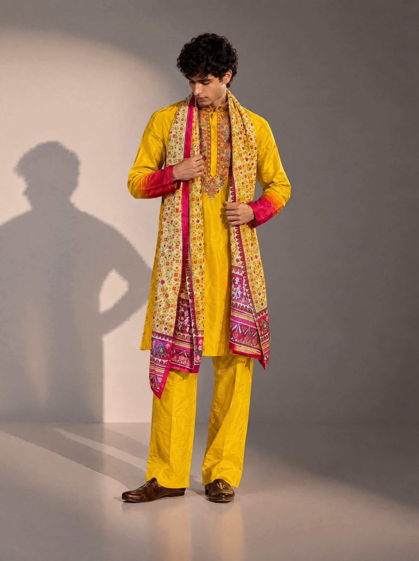 Yellow Embroidered Kurta Pajama With Dupatta  for Men