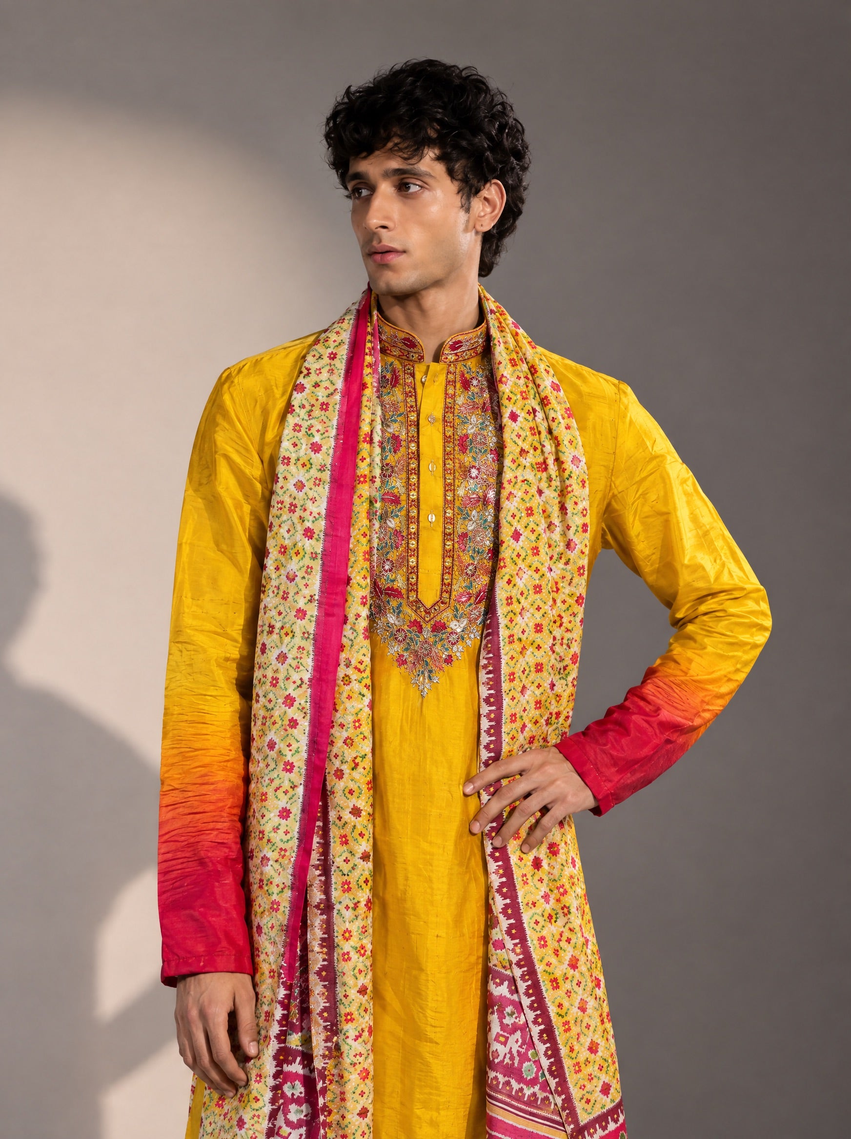 Yellow Embroidered Kurta Pajama With Dupatta  for Men