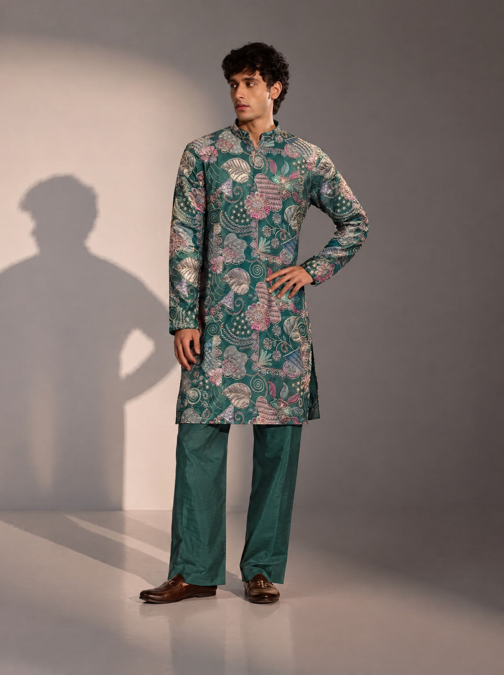 Green Embellished Kurta Pajama for Men