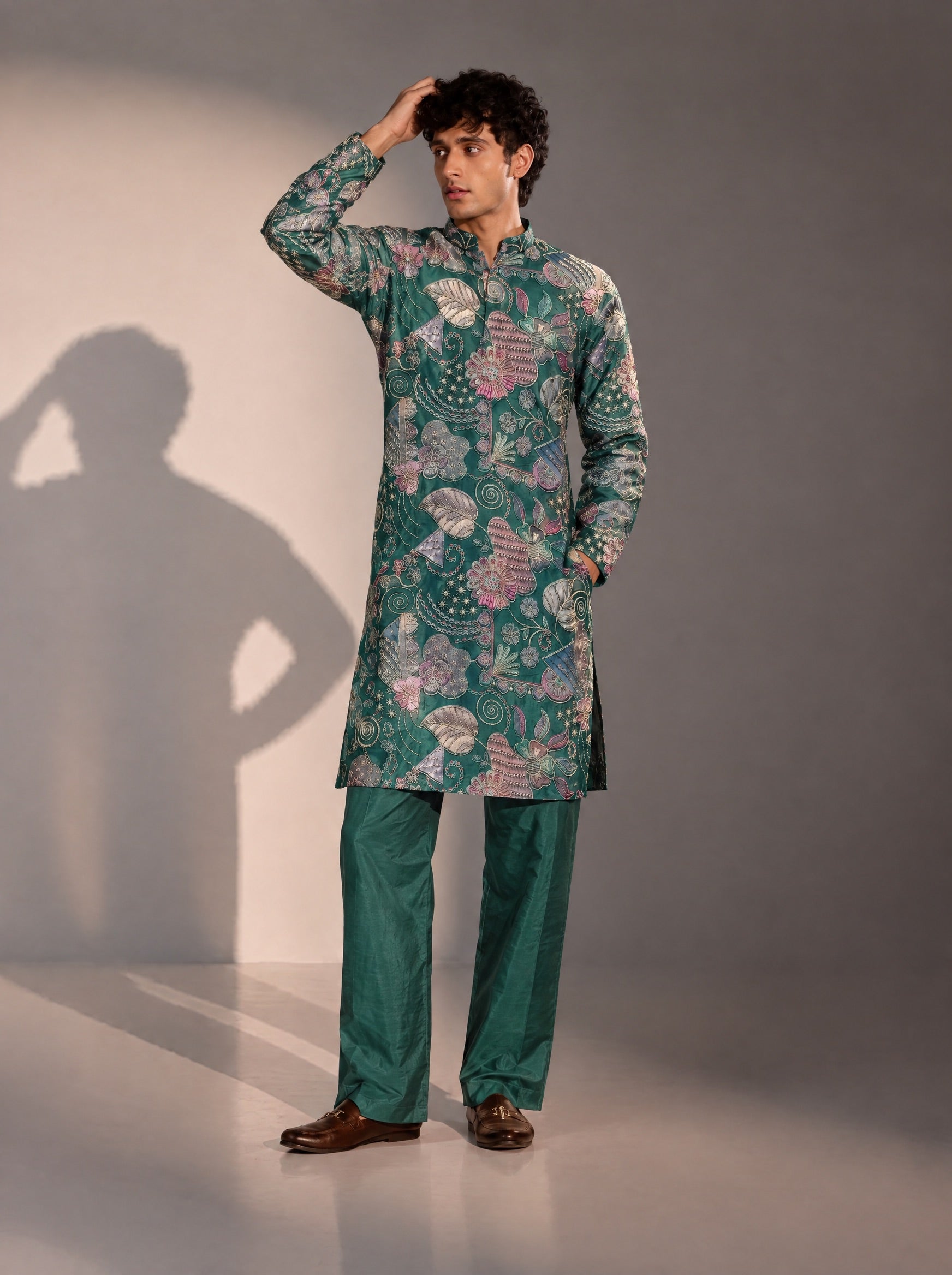 Green Embellished Kurta Pajama for Men