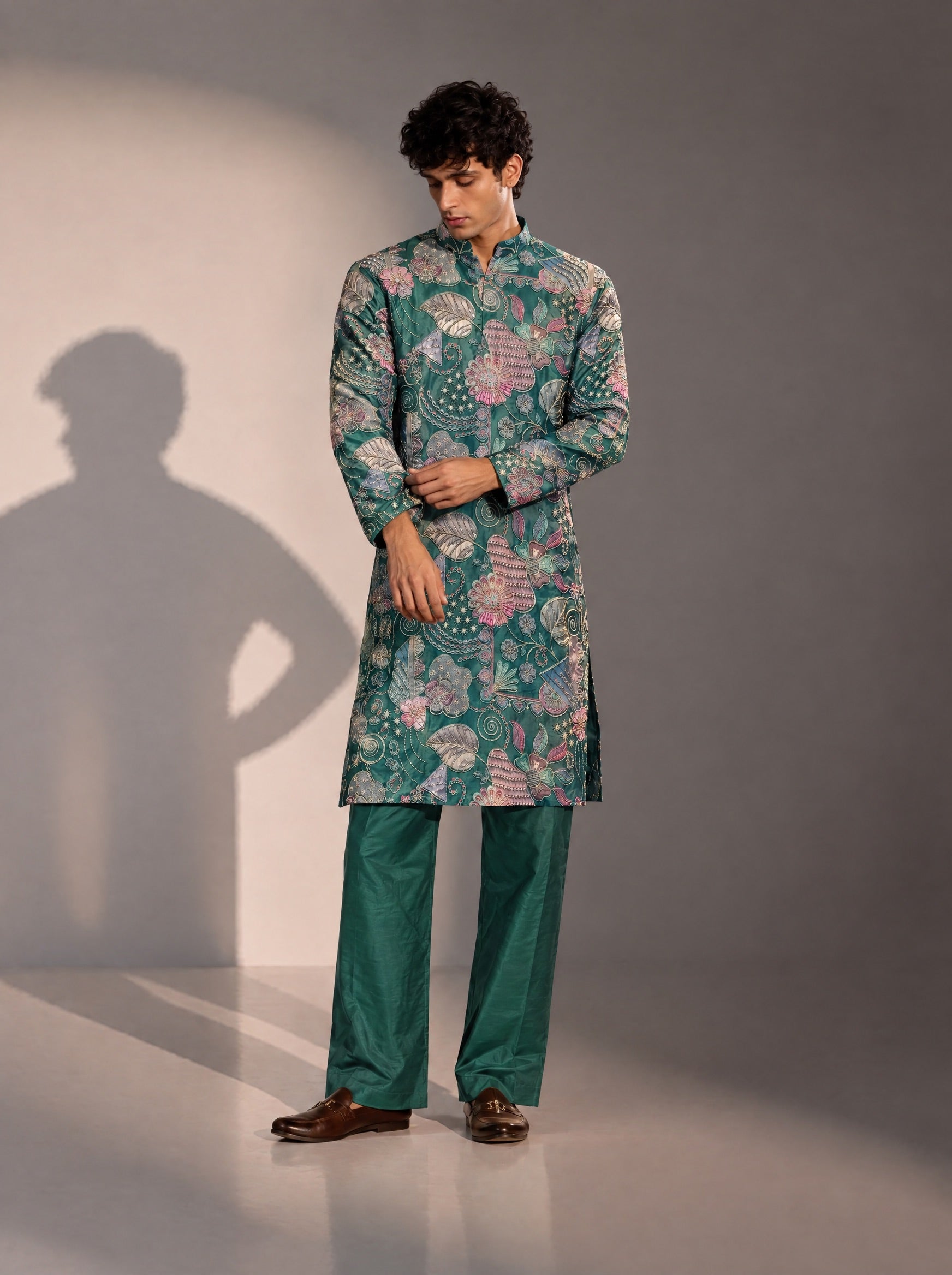 Green Embellished Kurta Pajama for Men