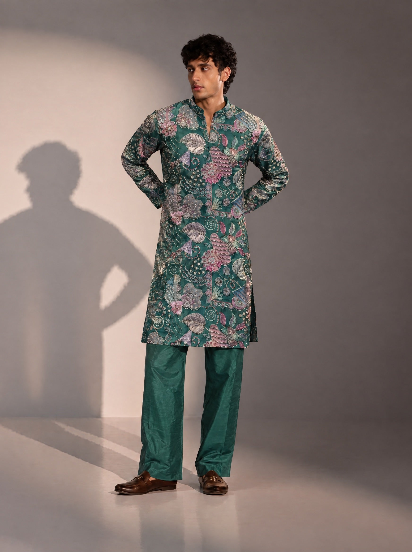 Green Embellished Kurta Pajama for Men