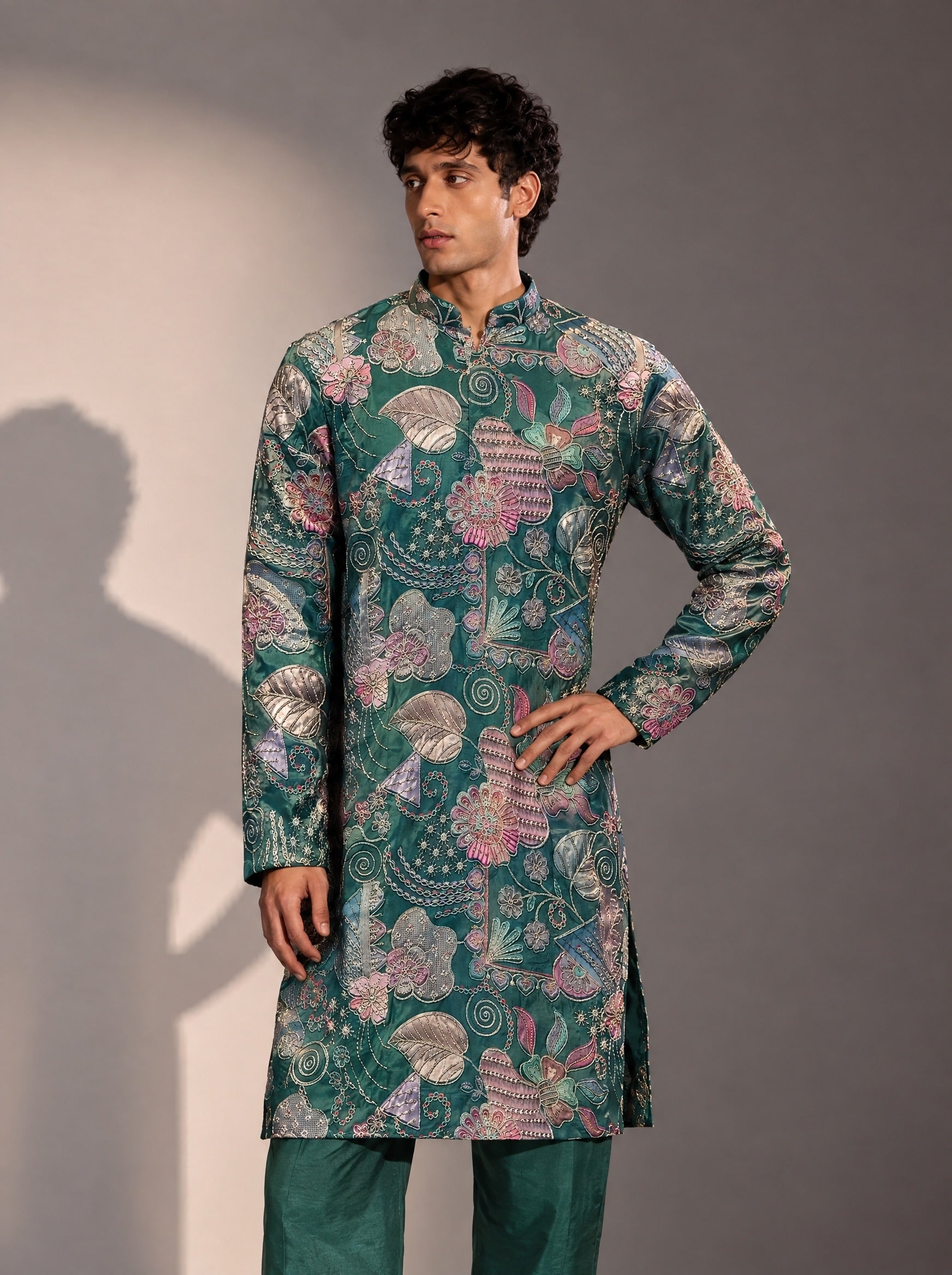 Green Embellished Kurta Pajama for Men