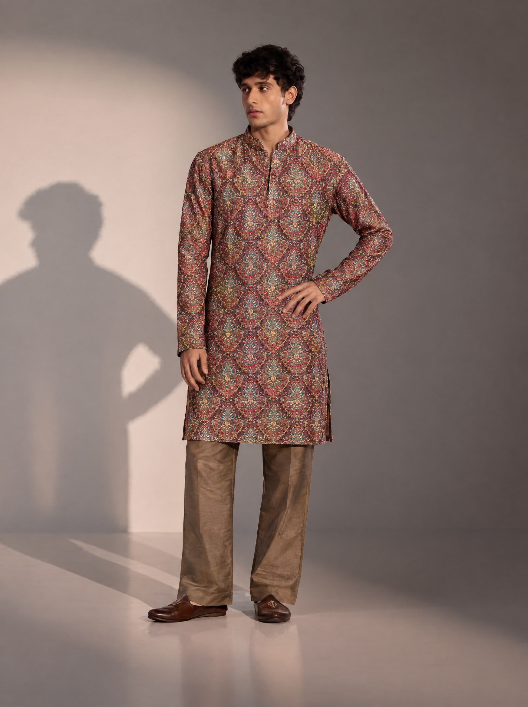 Dark Brown Embellished Kurta Pajama for Men