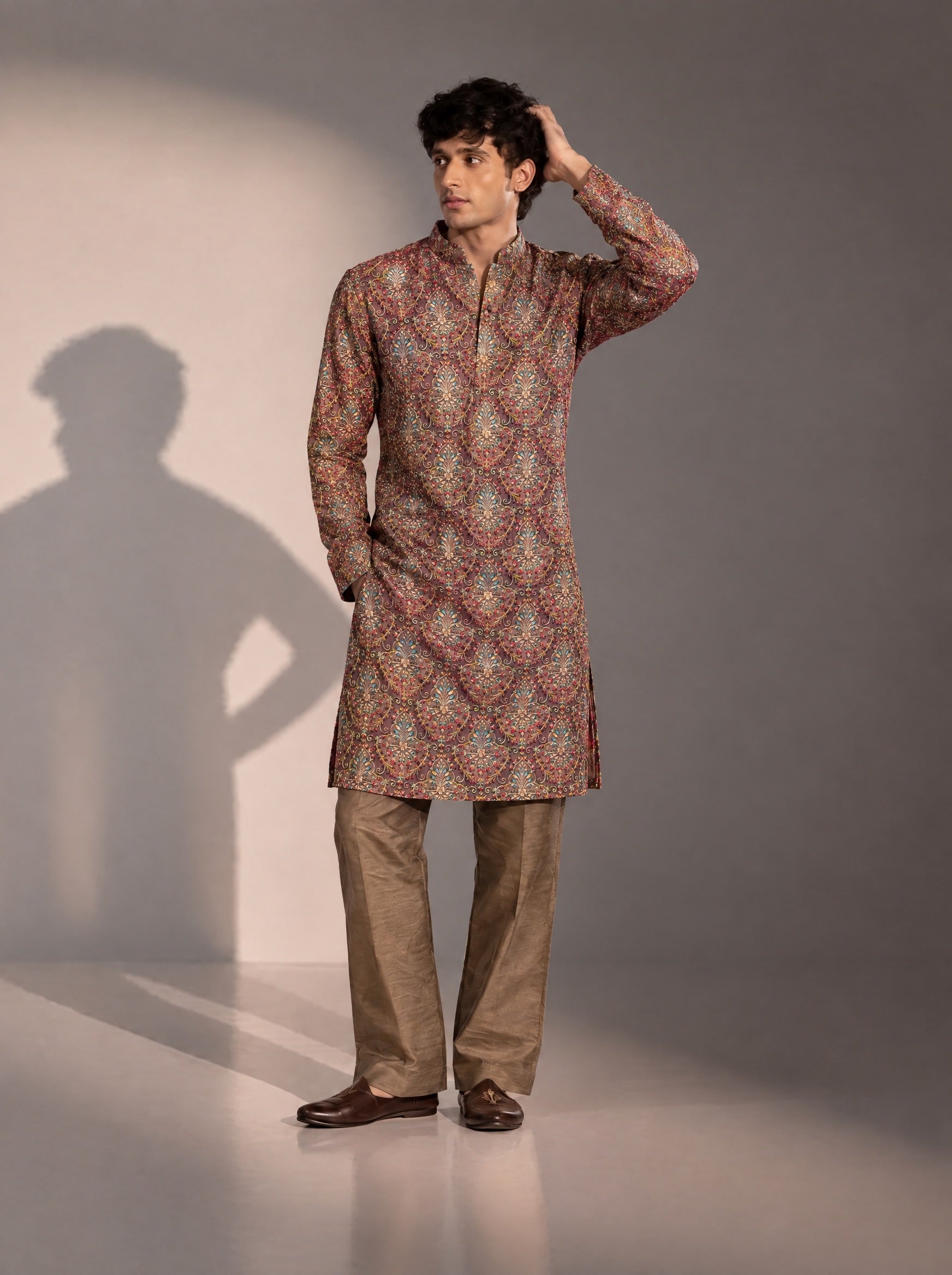 Dark Brown Embellished Kurta Pajama for Men