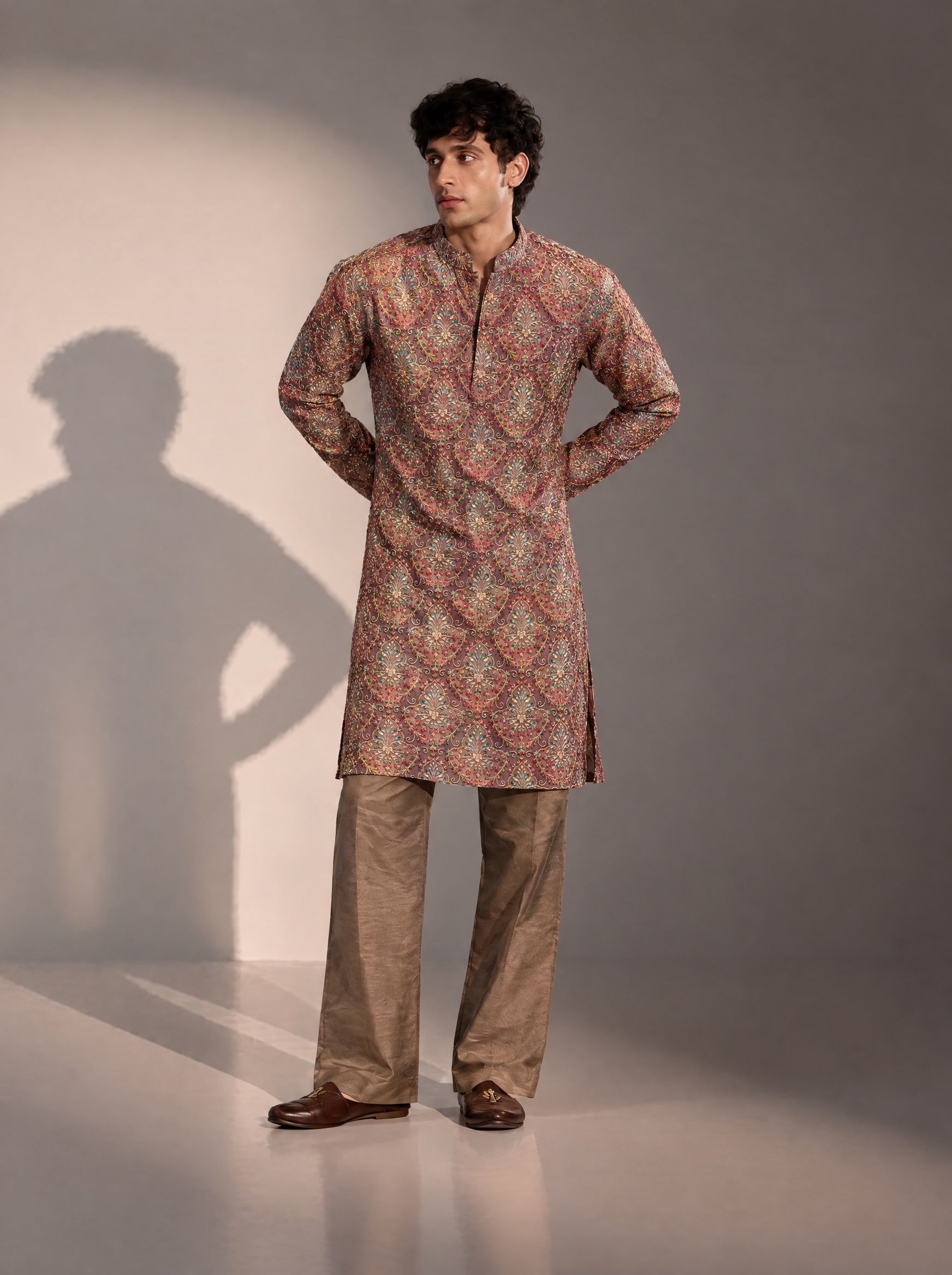 Dark Brown Embellished Kurta Pajama for Men