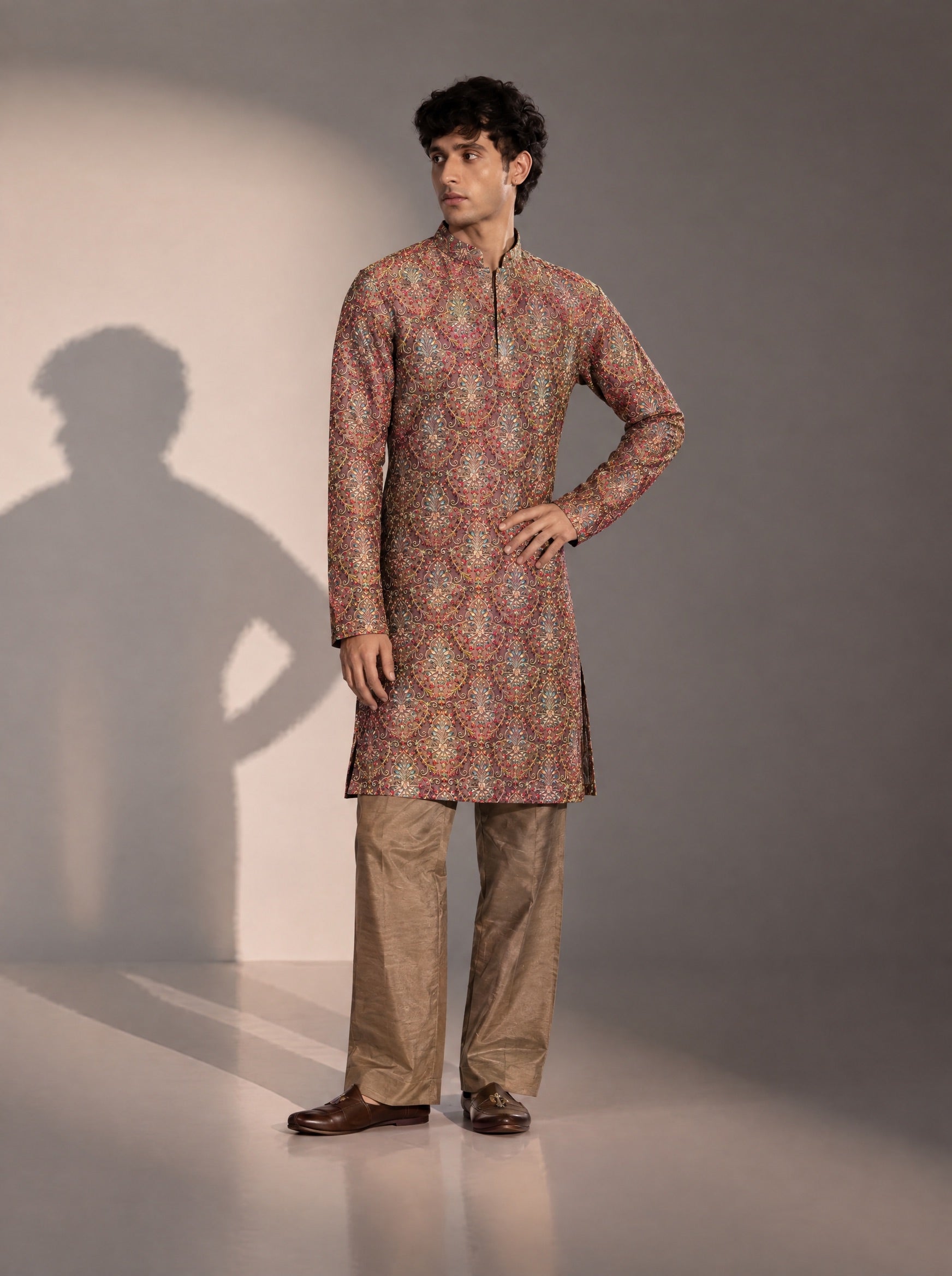 Dark Brown Embellished Kurta Pajama for Men