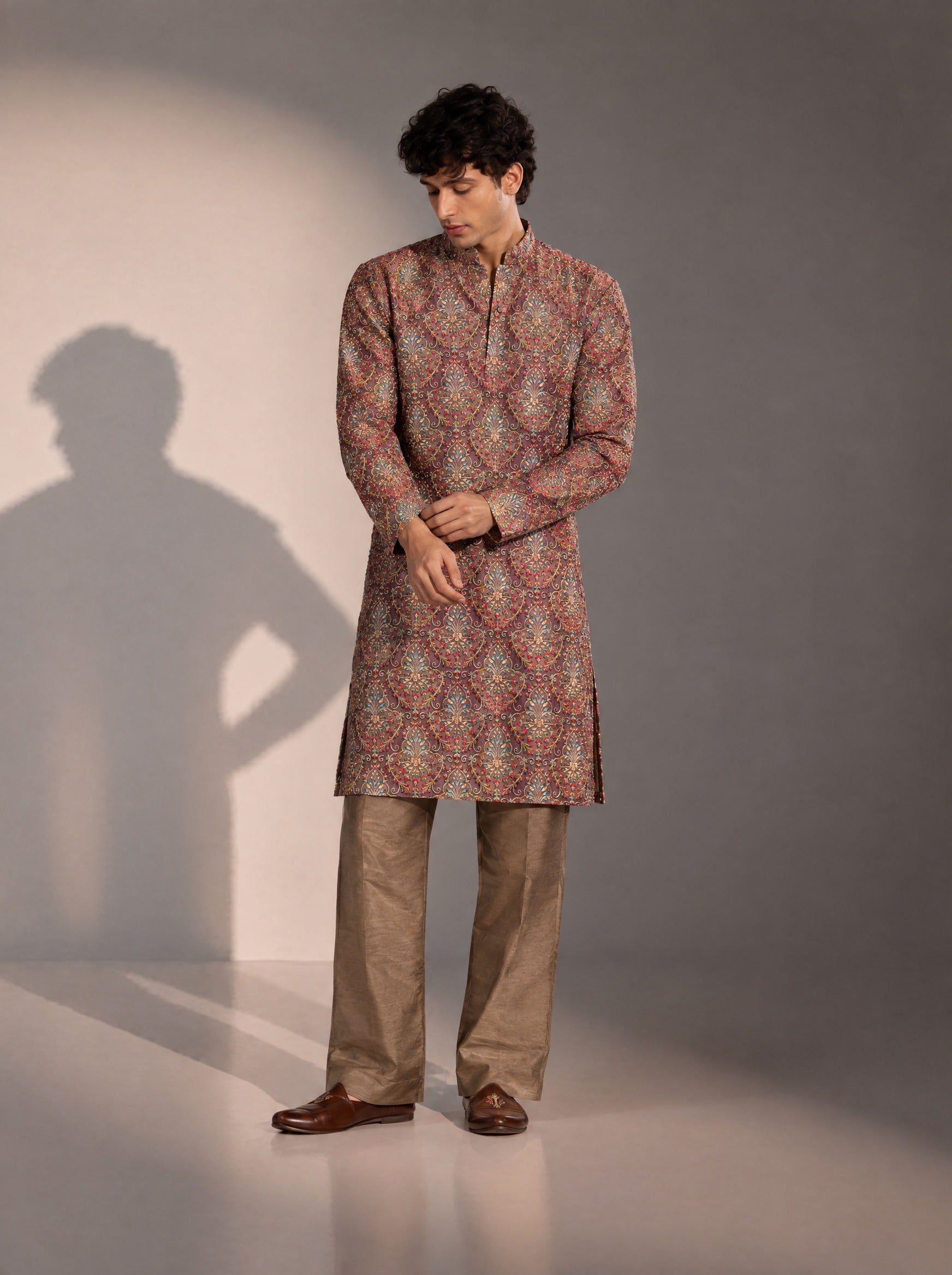 Dark Brown Embellished Kurta Pajama for Men
