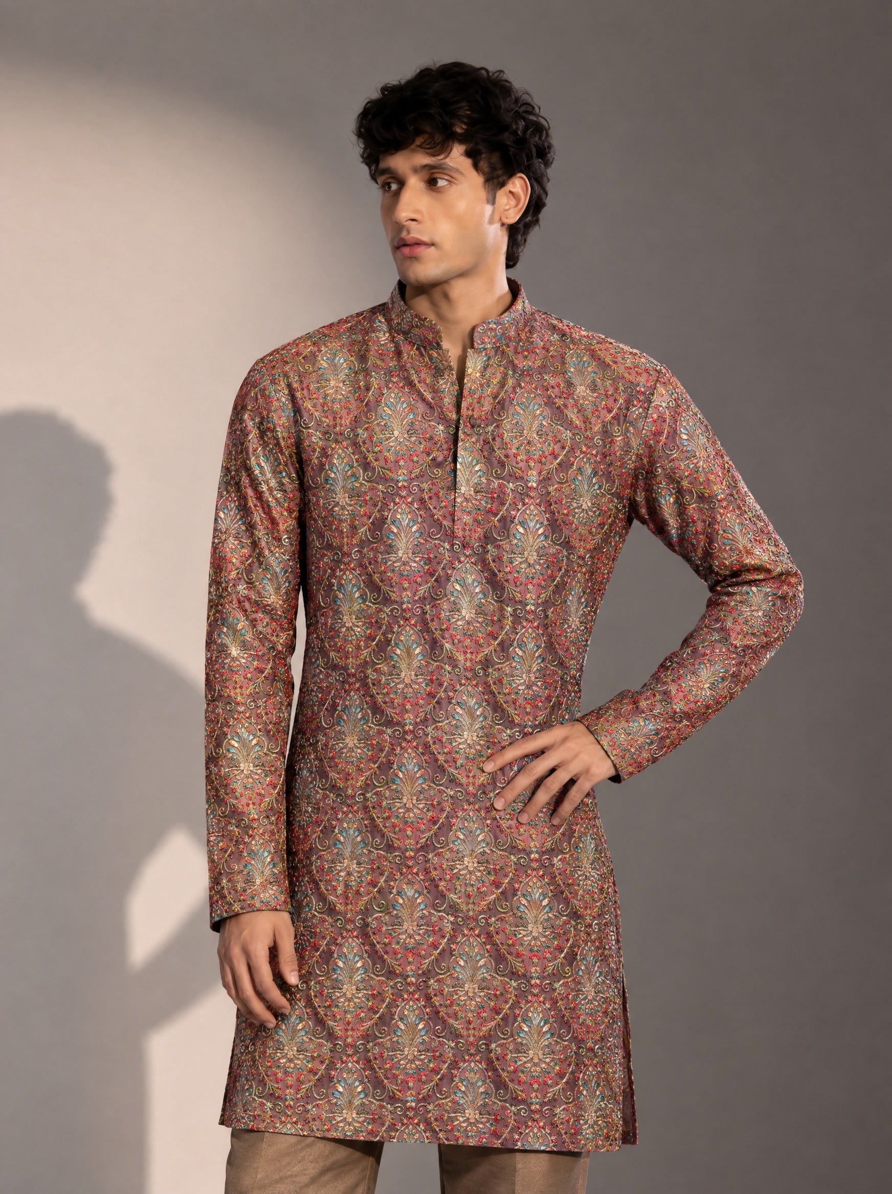 Dark Brown Embellished Kurta Pajama for Men