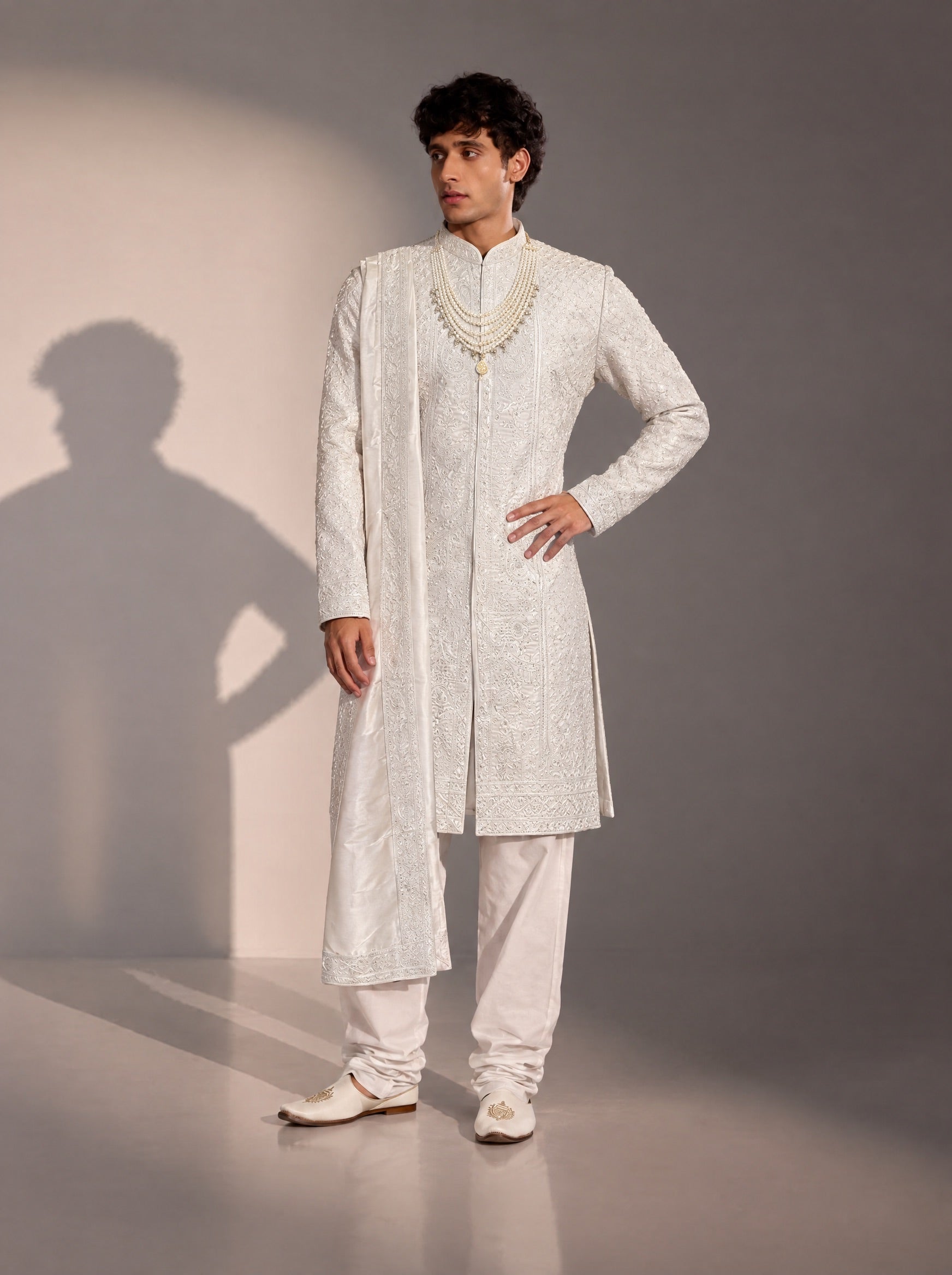 Ivory Embellished Sherwani For Men