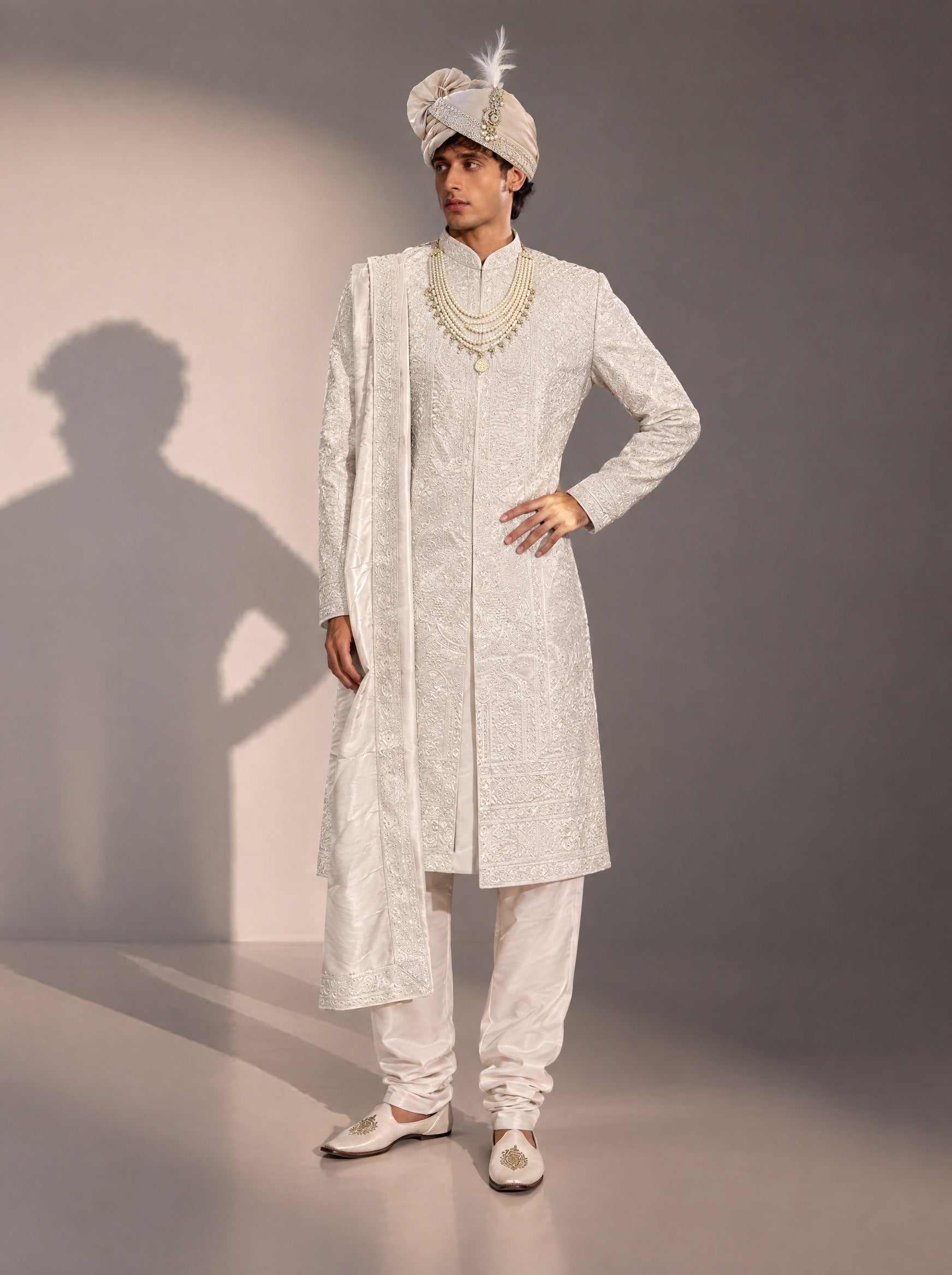 Ivory Embellished Sherwani For Men