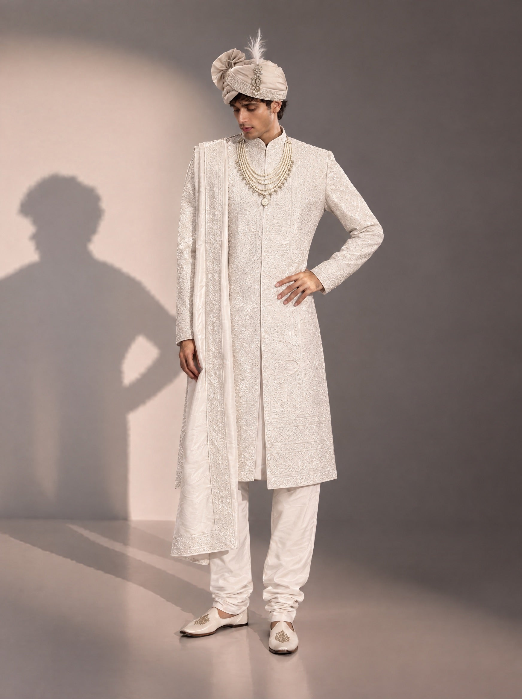 Ivory Embellished Sherwani For Men