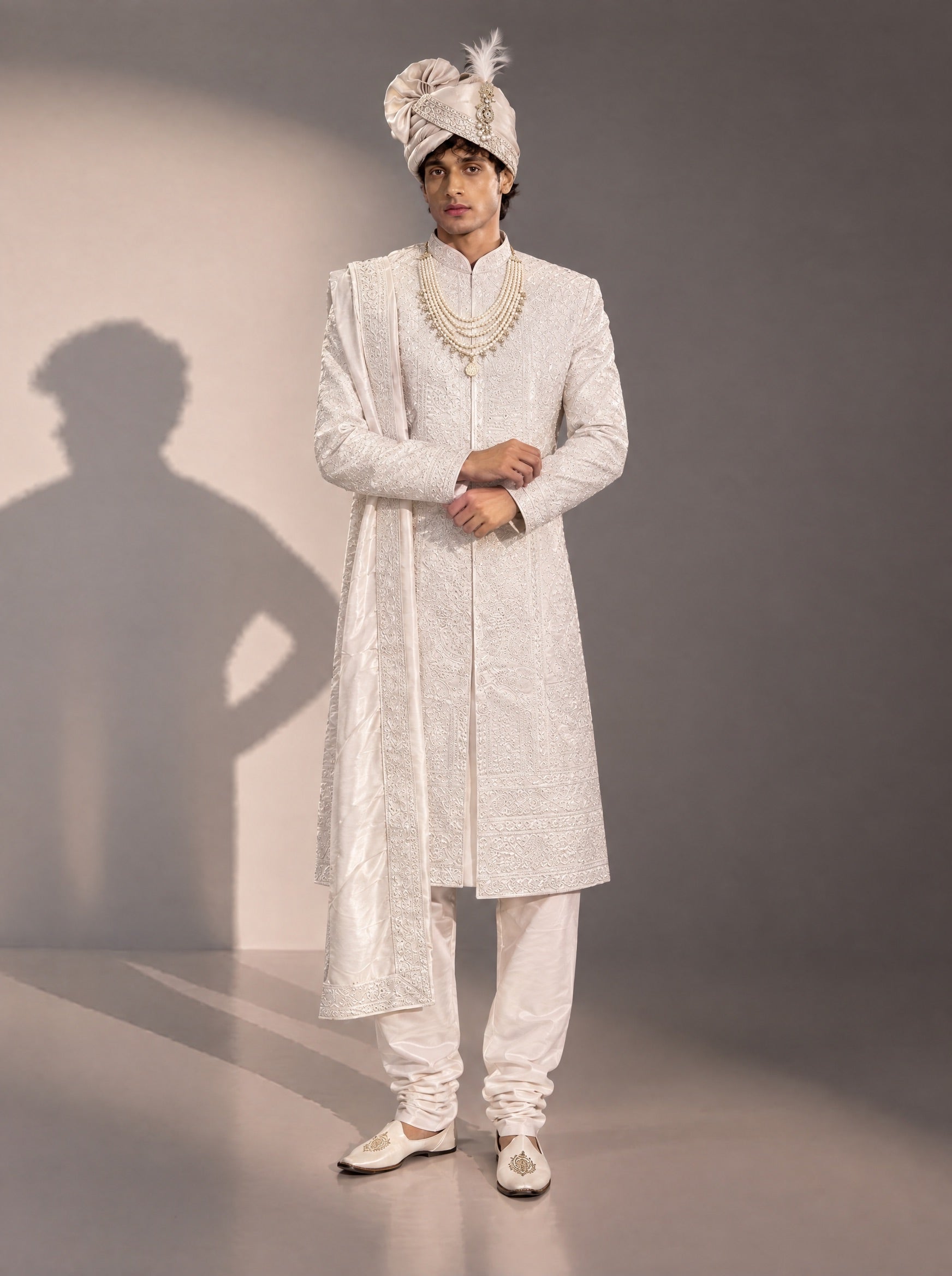 Ivory Embellished Sherwani For Men