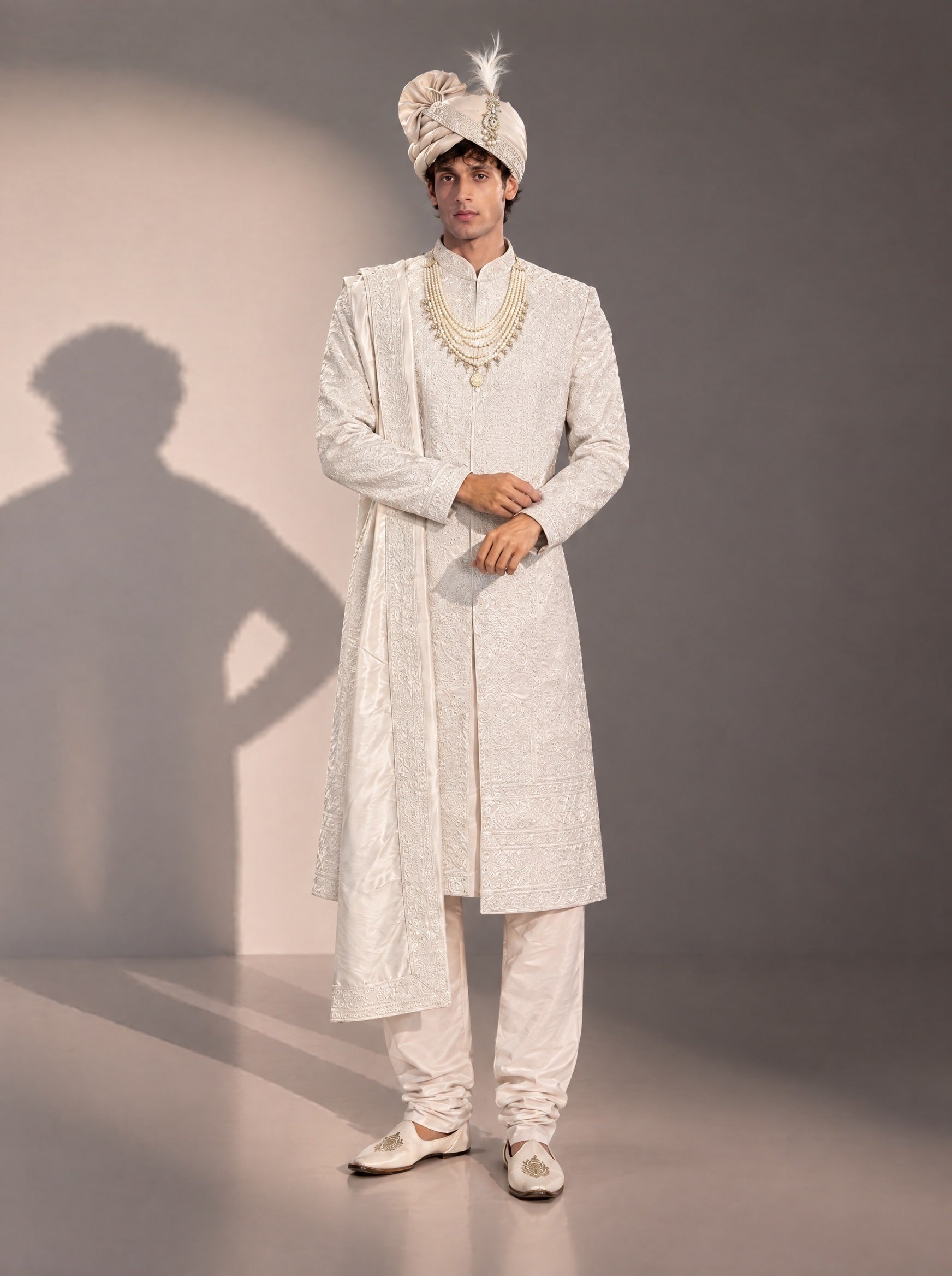 Ivory Embellished Sherwani For Men