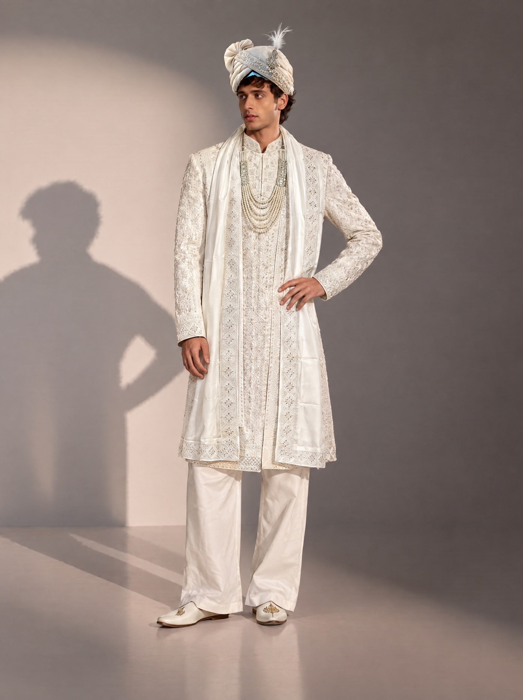Ivory Embellished Sherwani For Men