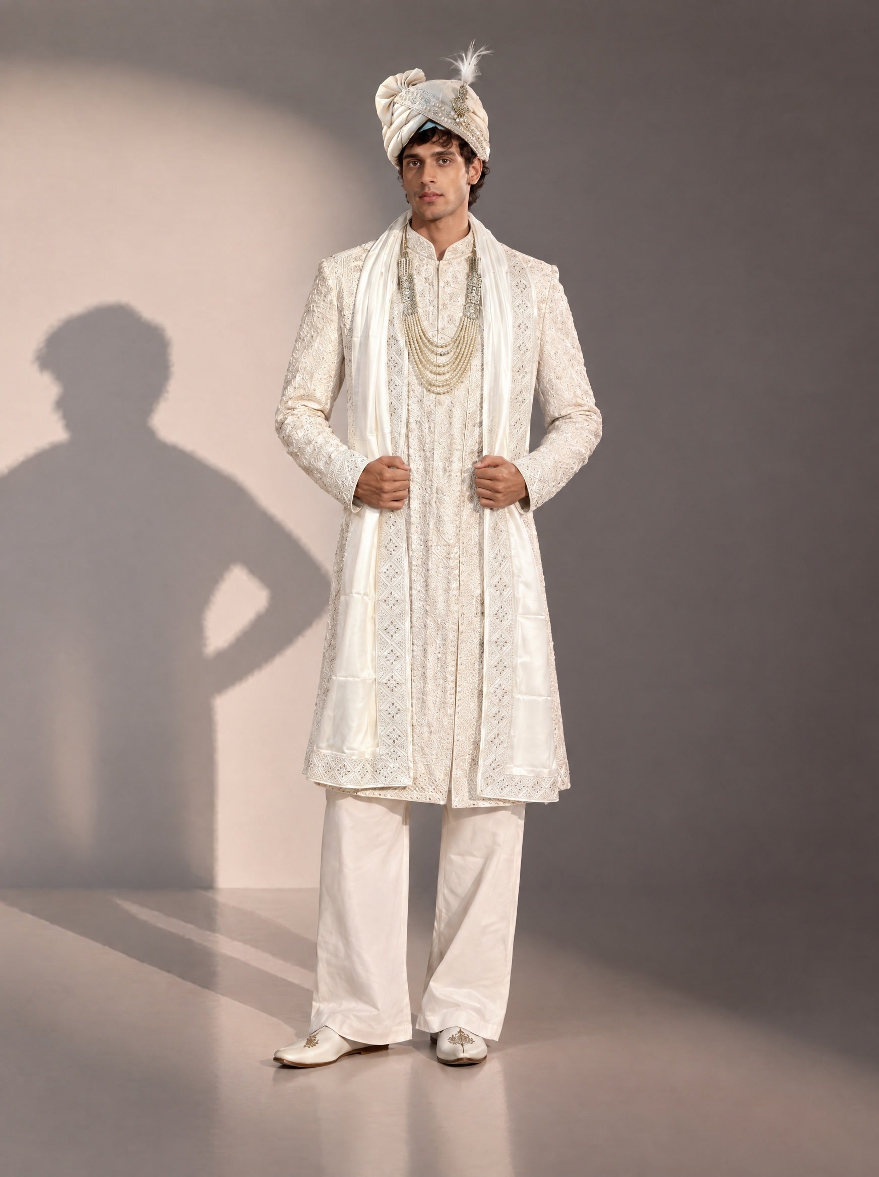 Ivory Embellished Sherwani For Men