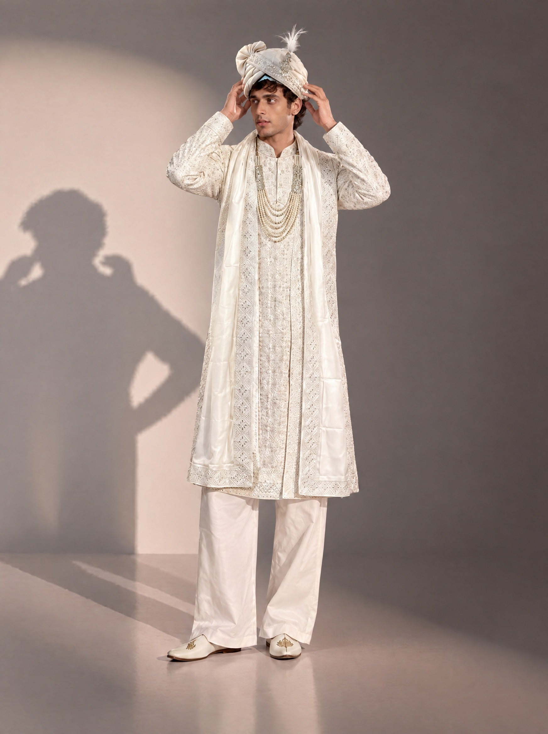 Ivory Embellished Sherwani For Men
