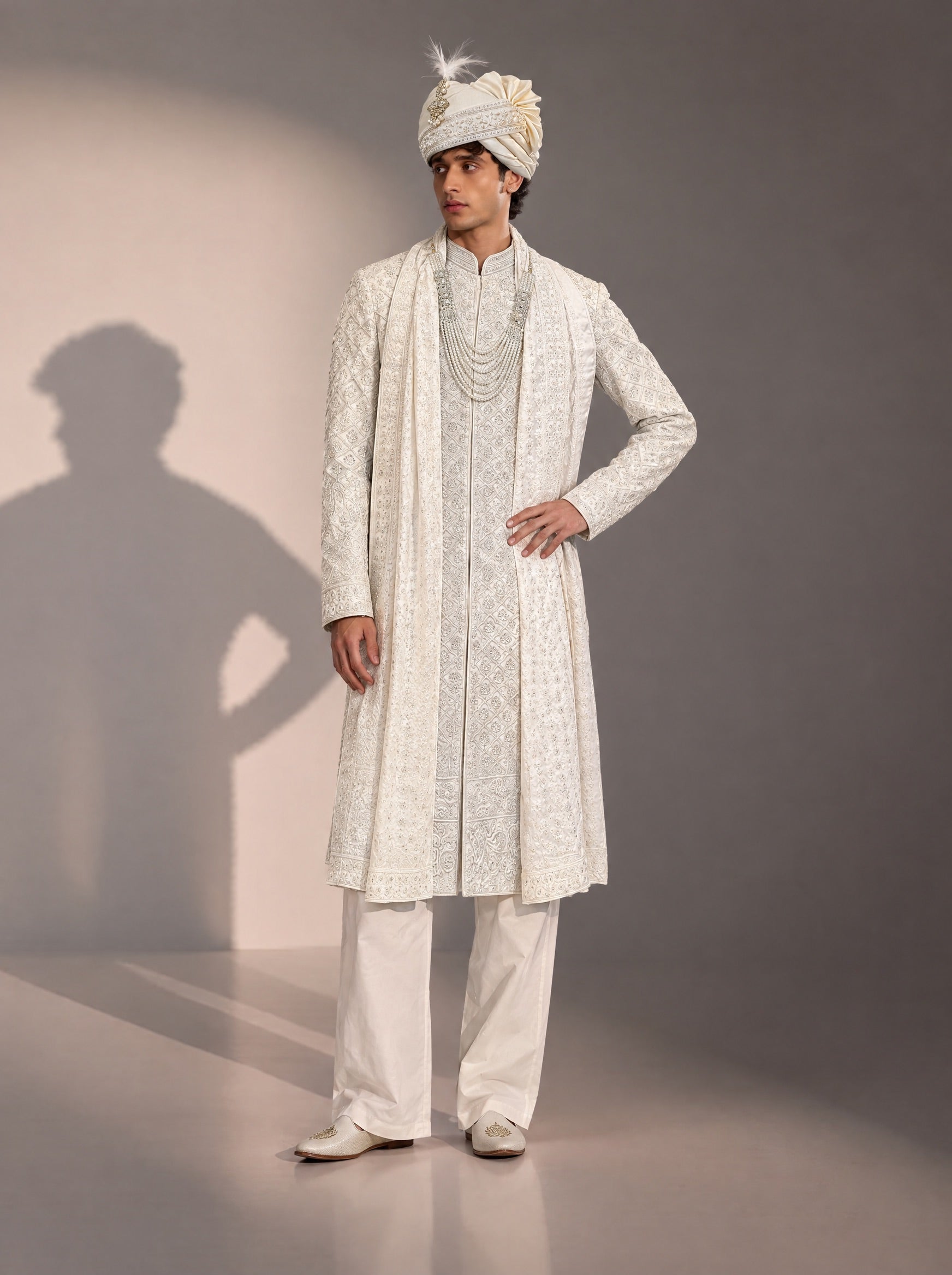 Cream Embellished Sherwani For Men