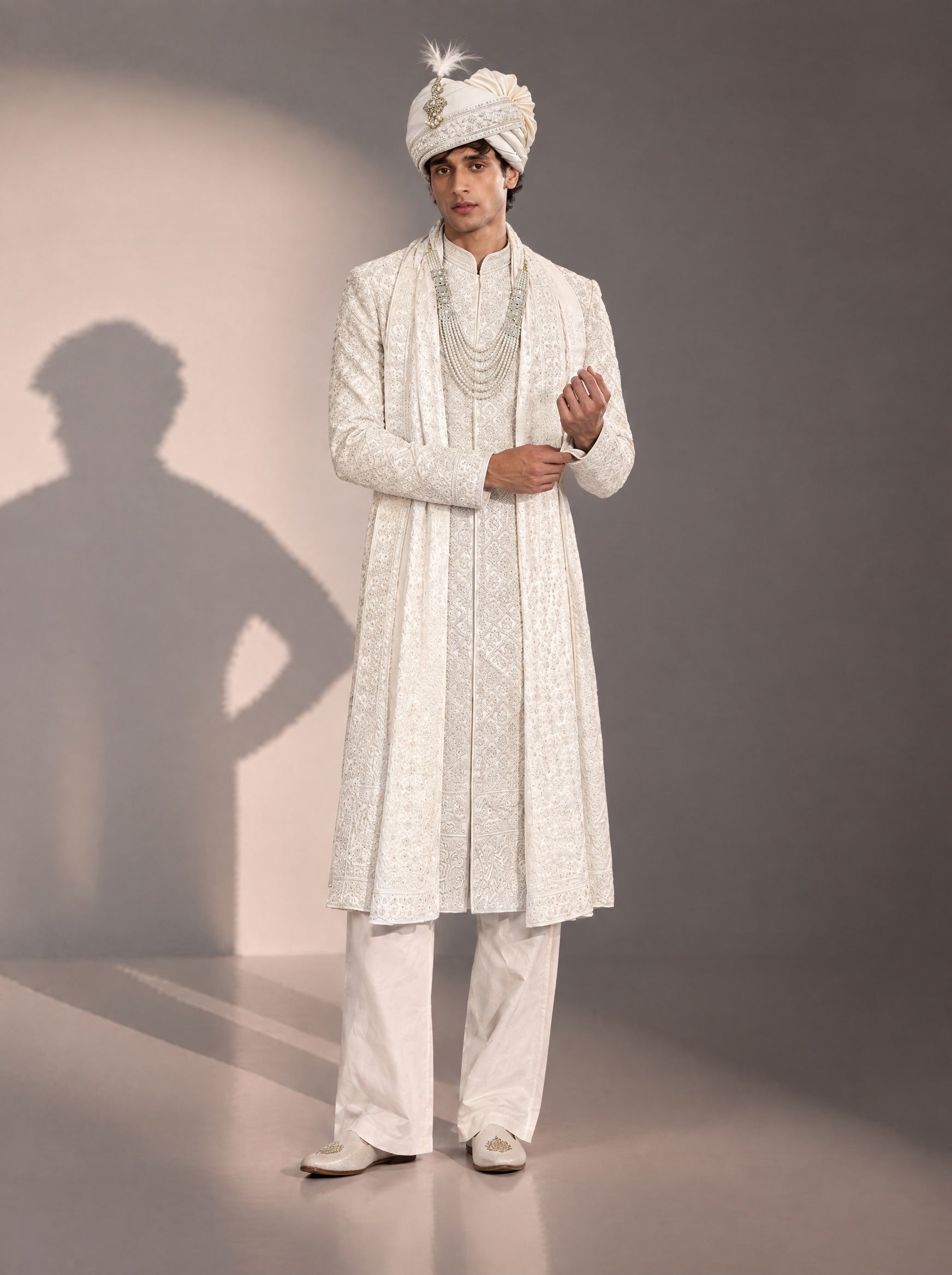 Cream Embellished Sherwani For Men