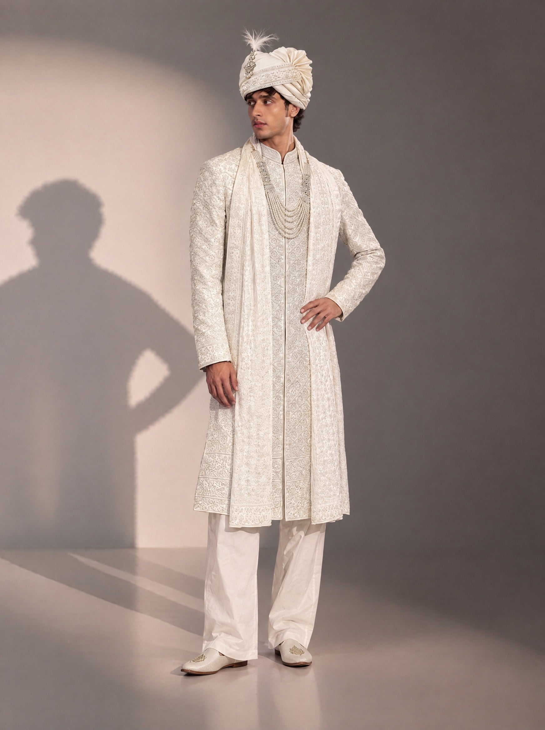 Cream Embellished Sherwani For Men