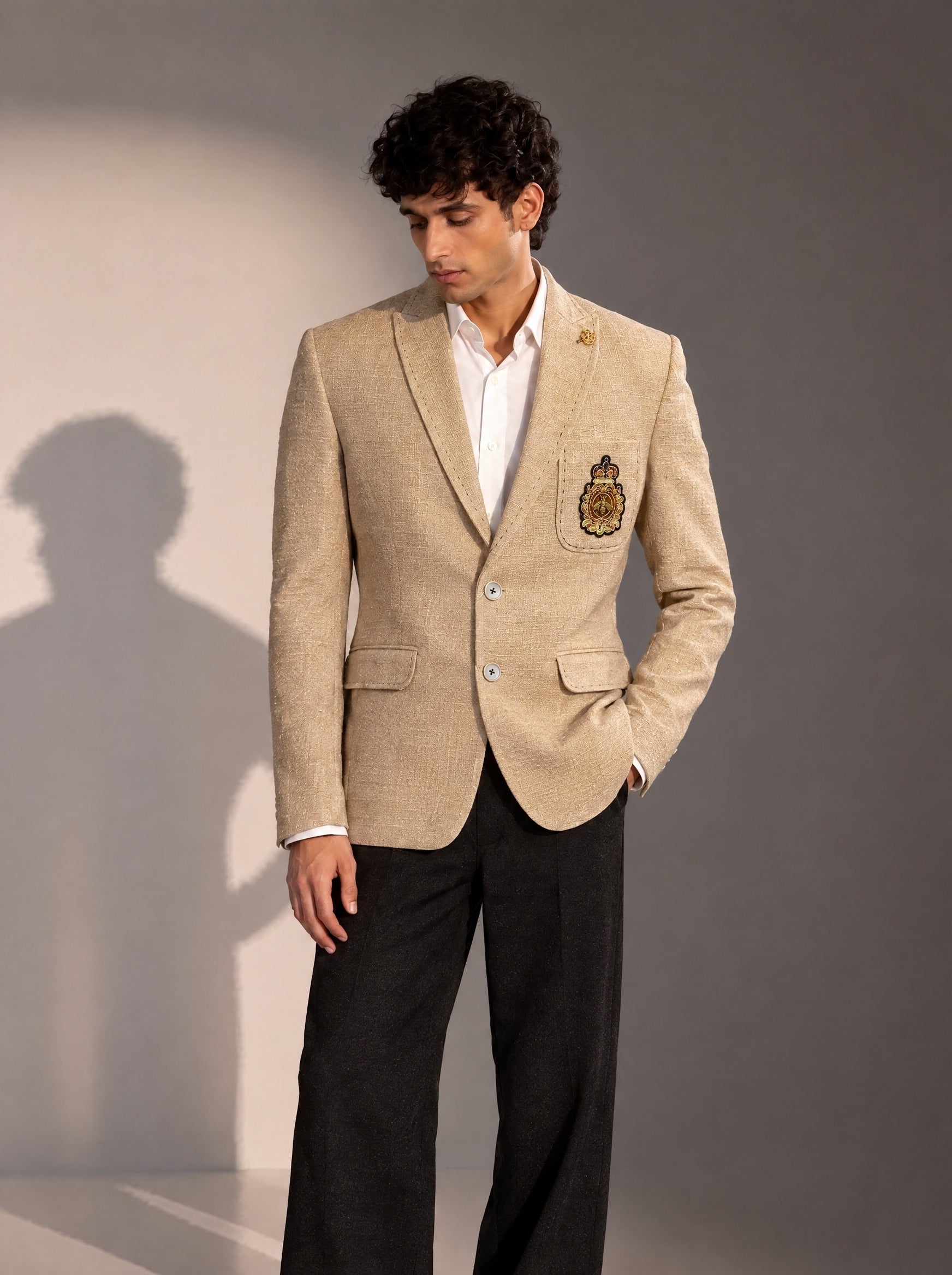 Light Beige Embroidered Blazer For Men