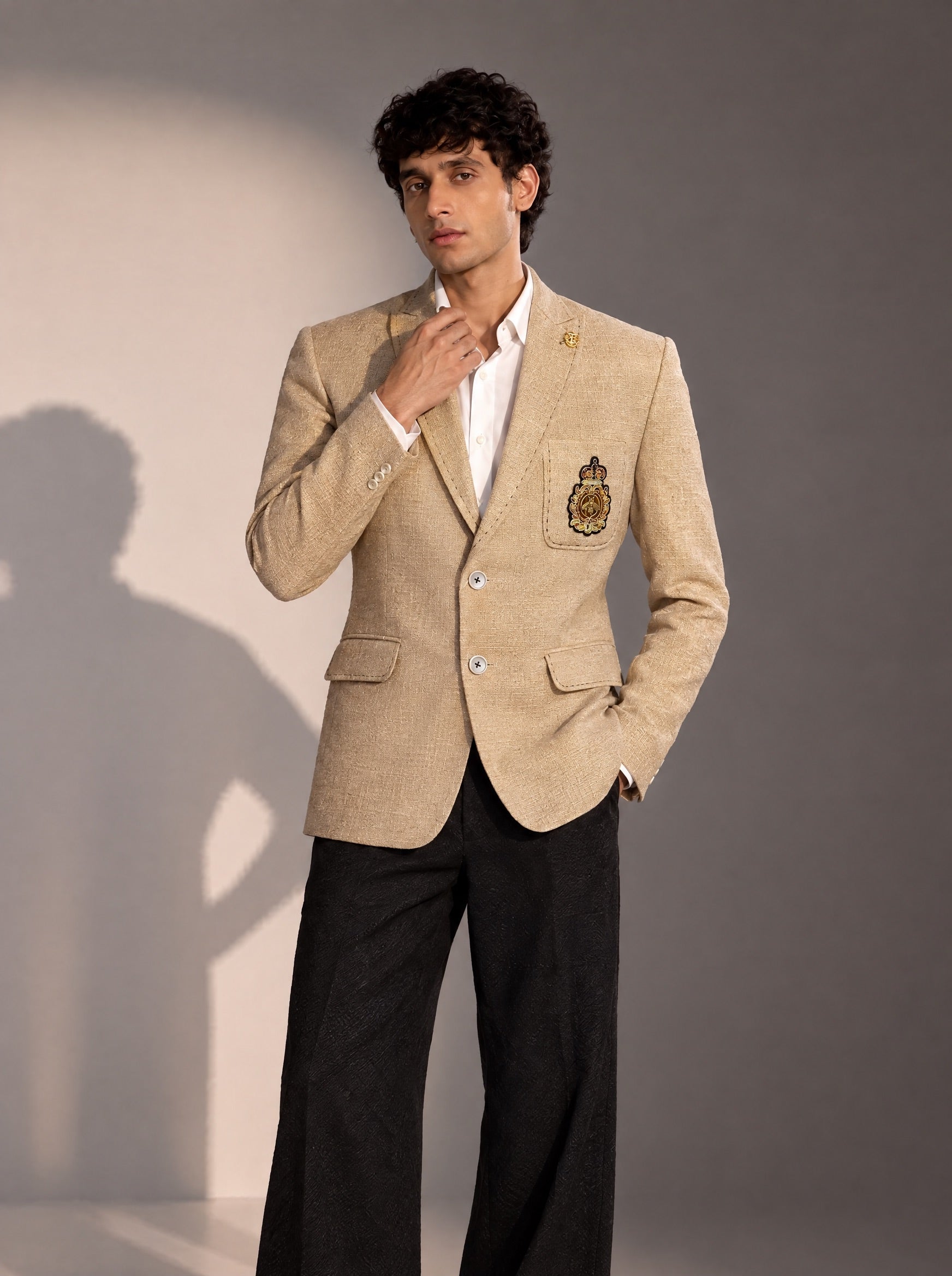 Light Beige Embroidered Blazer For Men