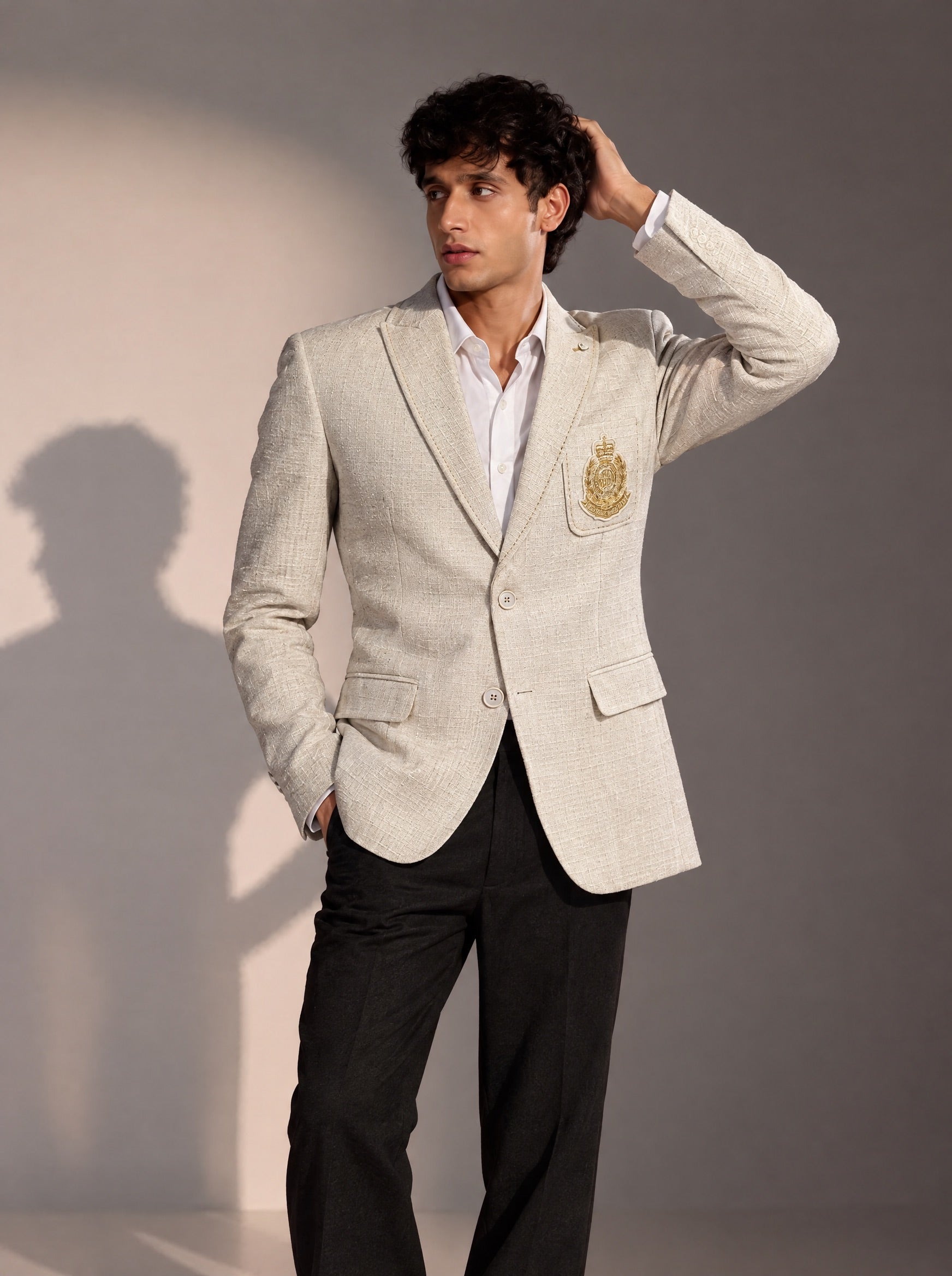 Cream Embroidered Blazer For Men