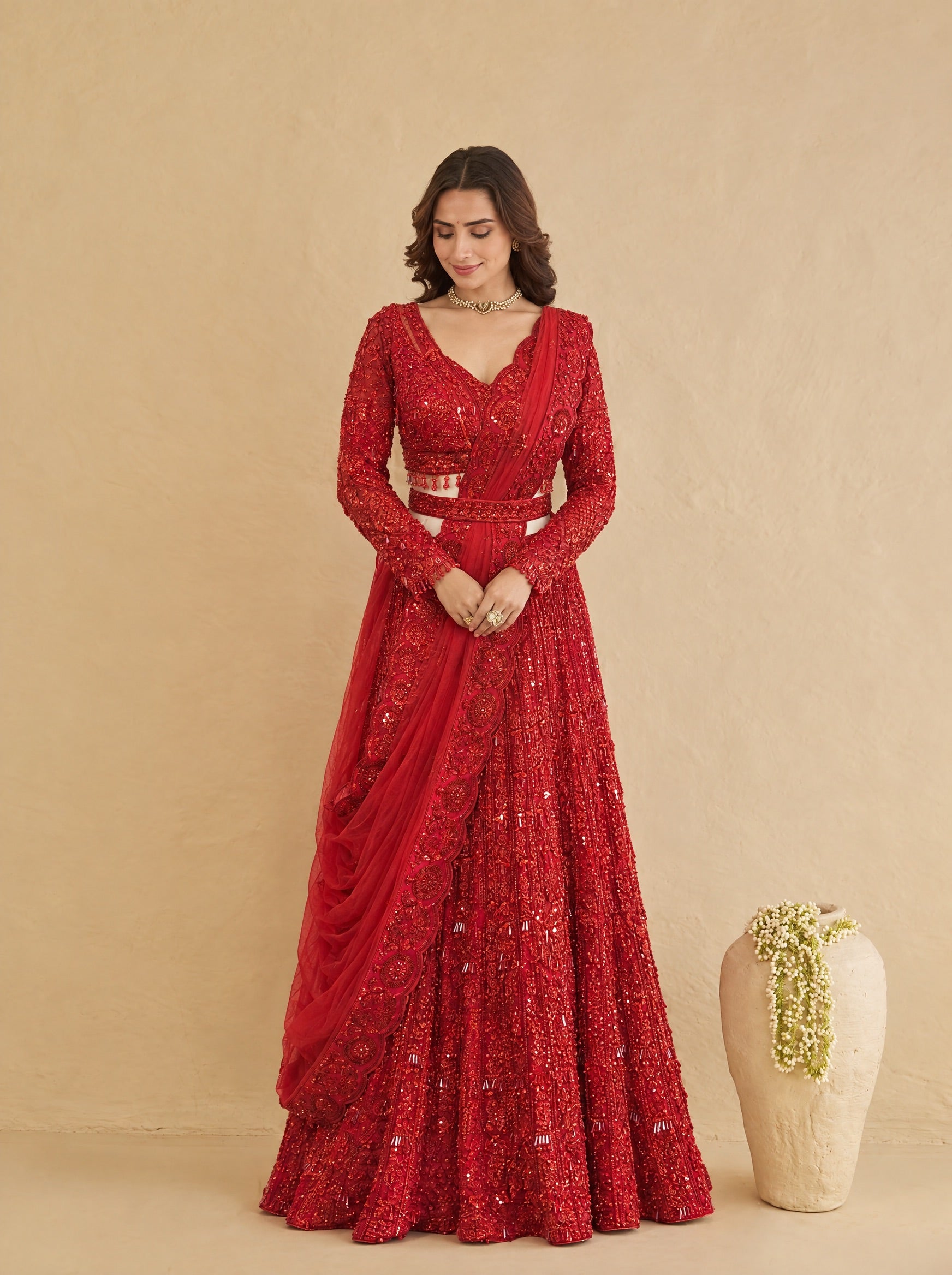 Apple Red Embroidered Heavy Designer Lehenga With Ready Blouse