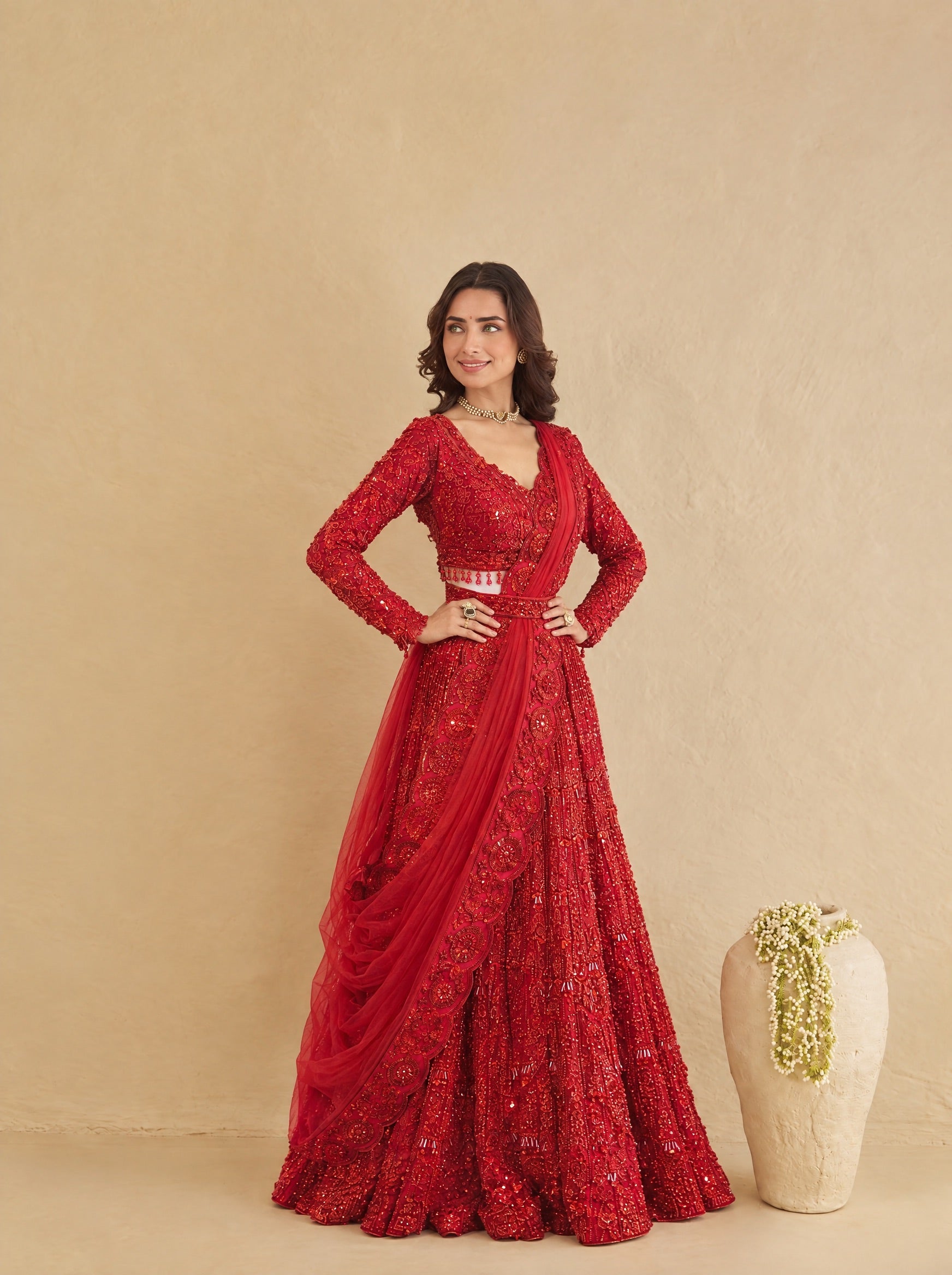 Apple Red Embroidered Heavy Designer Lehenga With Ready Blouse