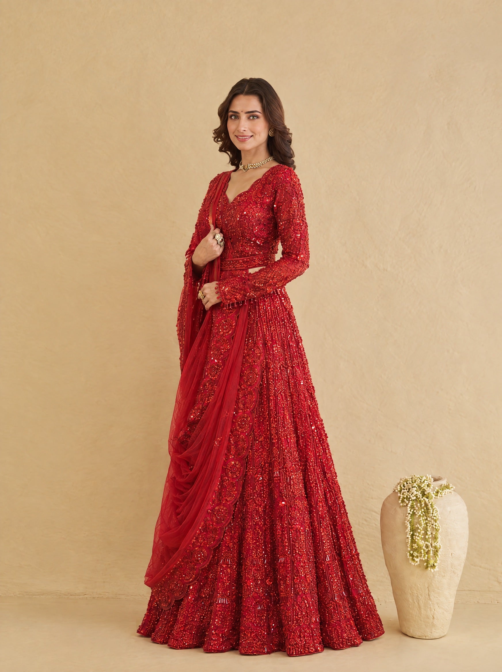 Apple Red Embroidered Heavy Designer Lehenga With Ready Blouse