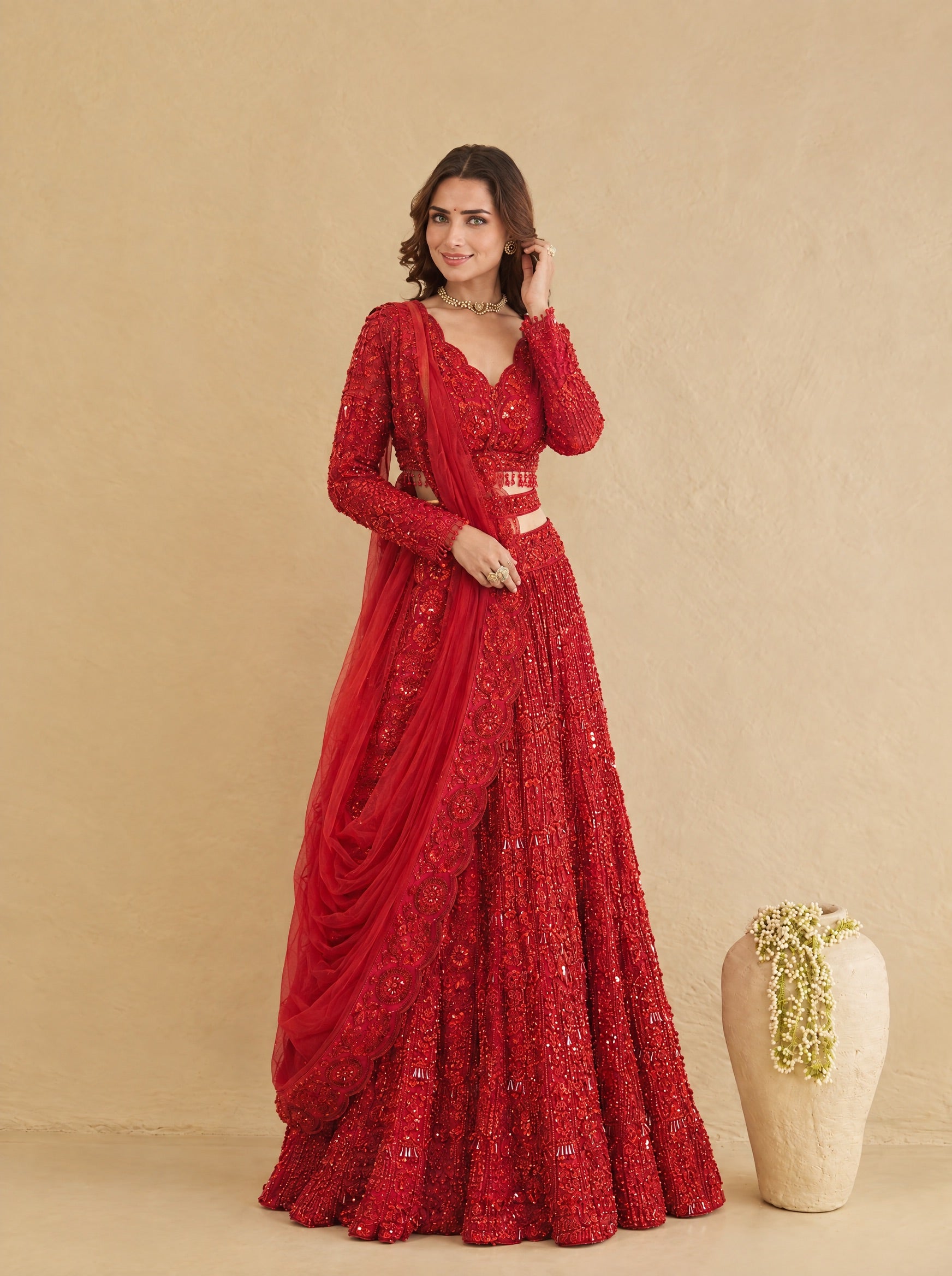 Apple Red Embroidered Heavy Designer Lehenga With Ready Blouse
