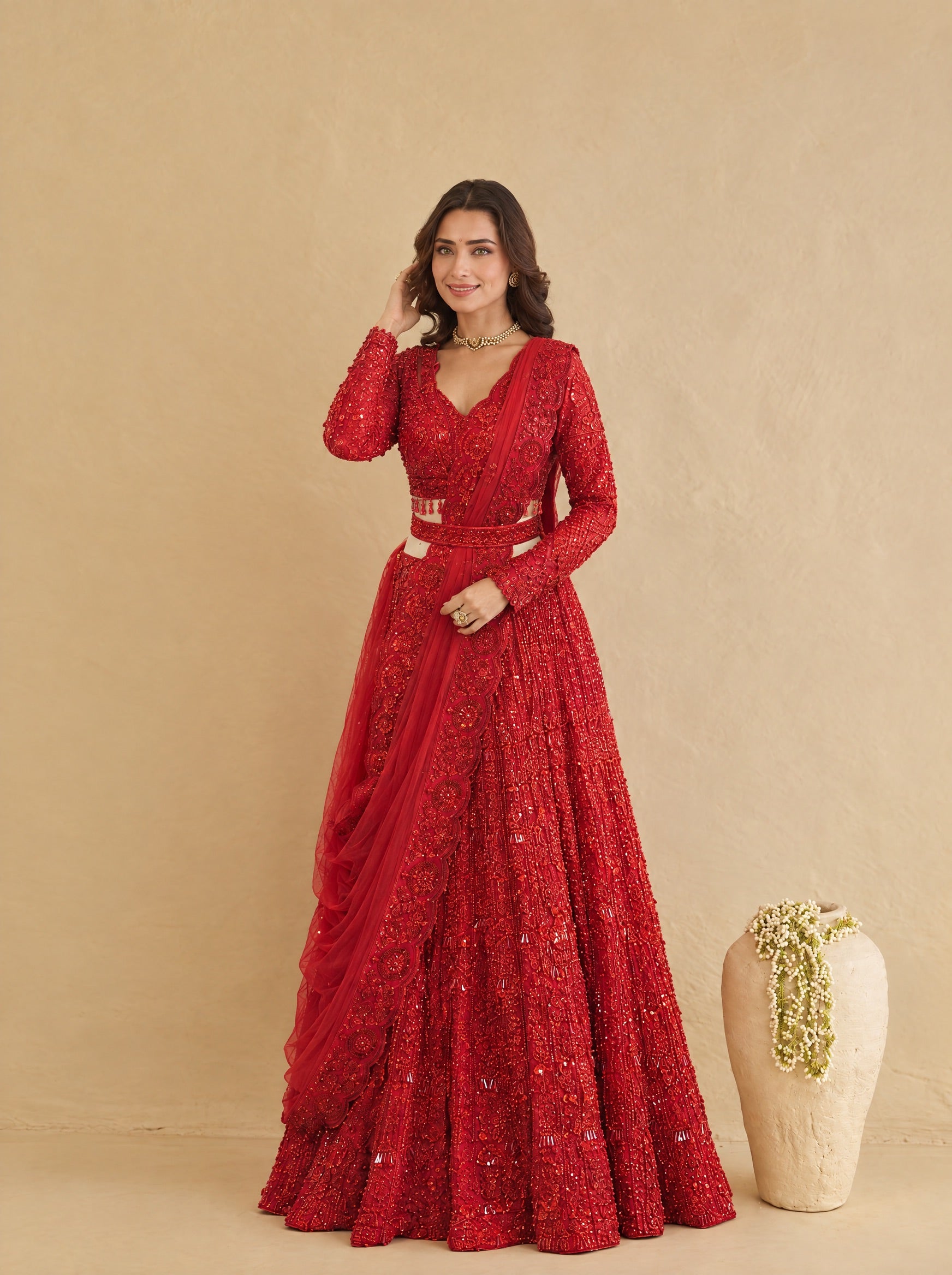 Apple Red Embroidered Heavy Designer Lehenga With Ready Blouse