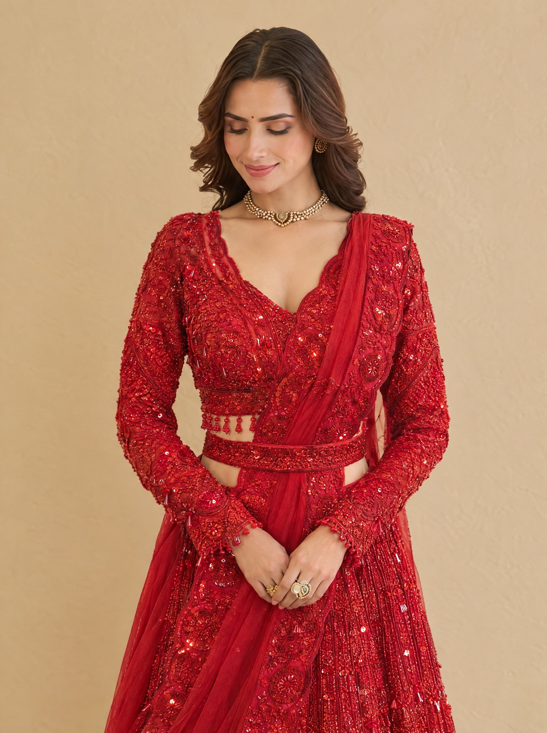 Apple Red Embroidered Heavy Designer Lehenga With Ready Blouse