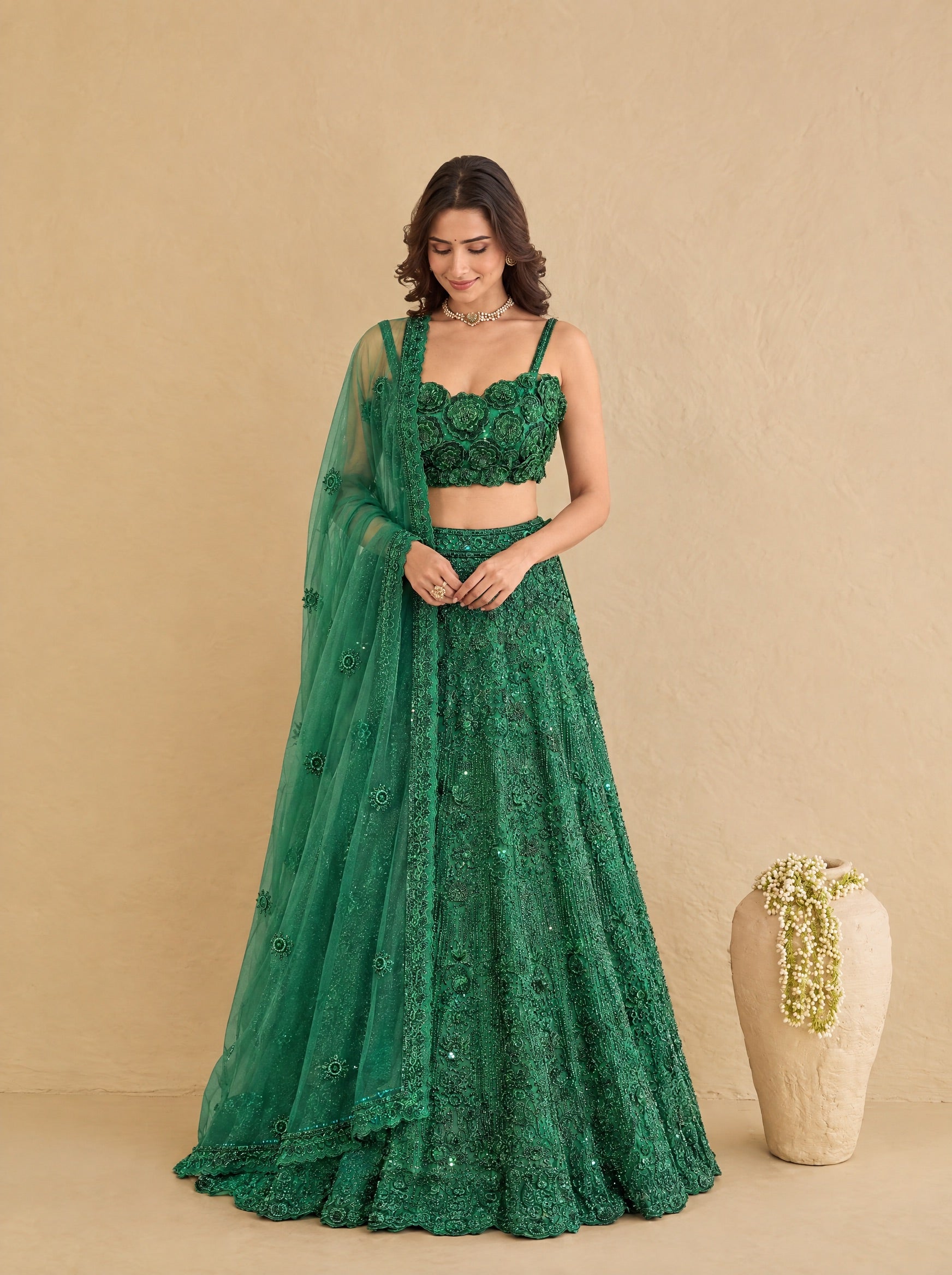 Dark Green Embroidered Heavy Designer Lehenga With Ready Blouse
