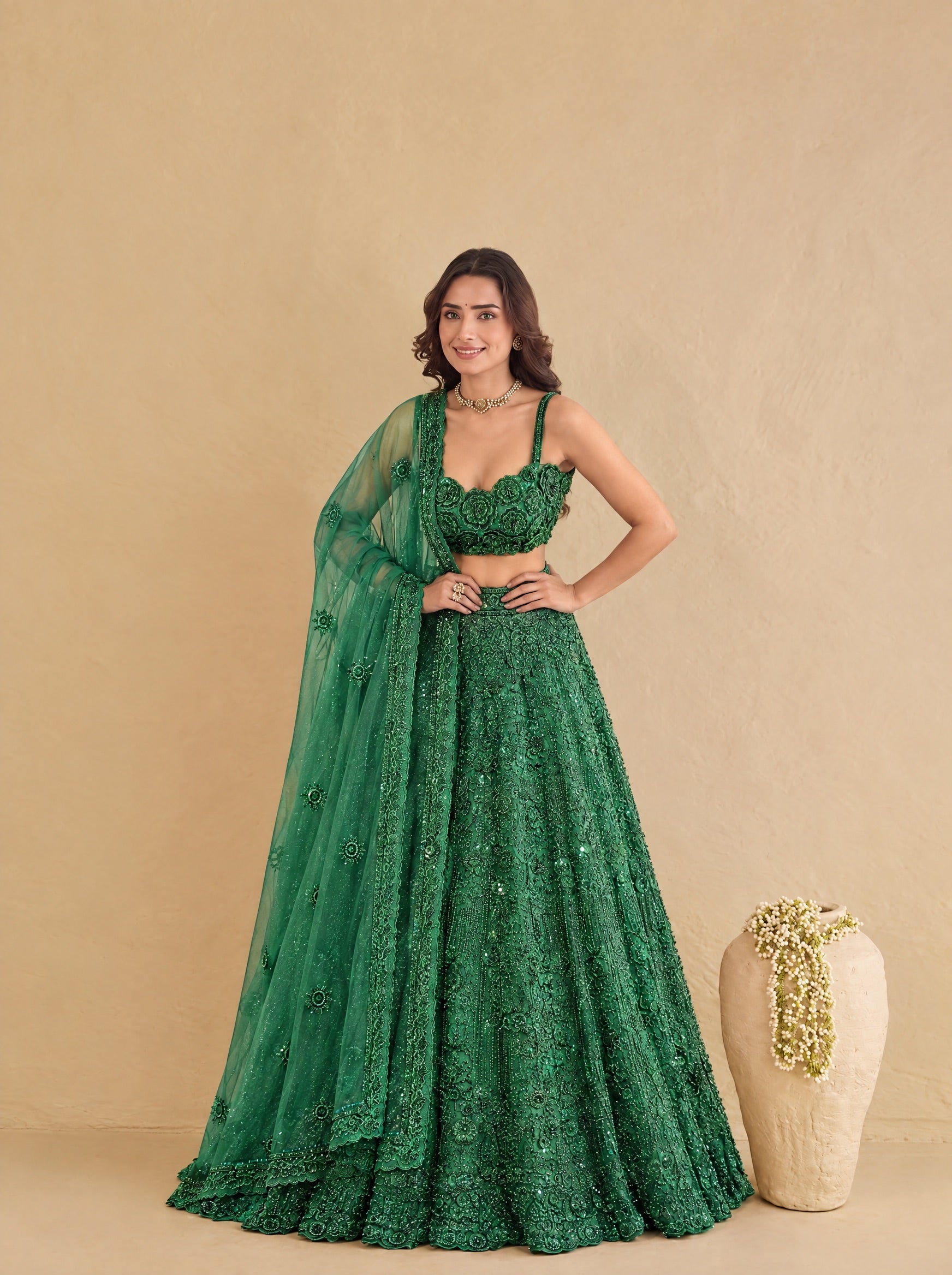 Dark Green Embroidered Heavy Designer Lehenga With Ready Blouse