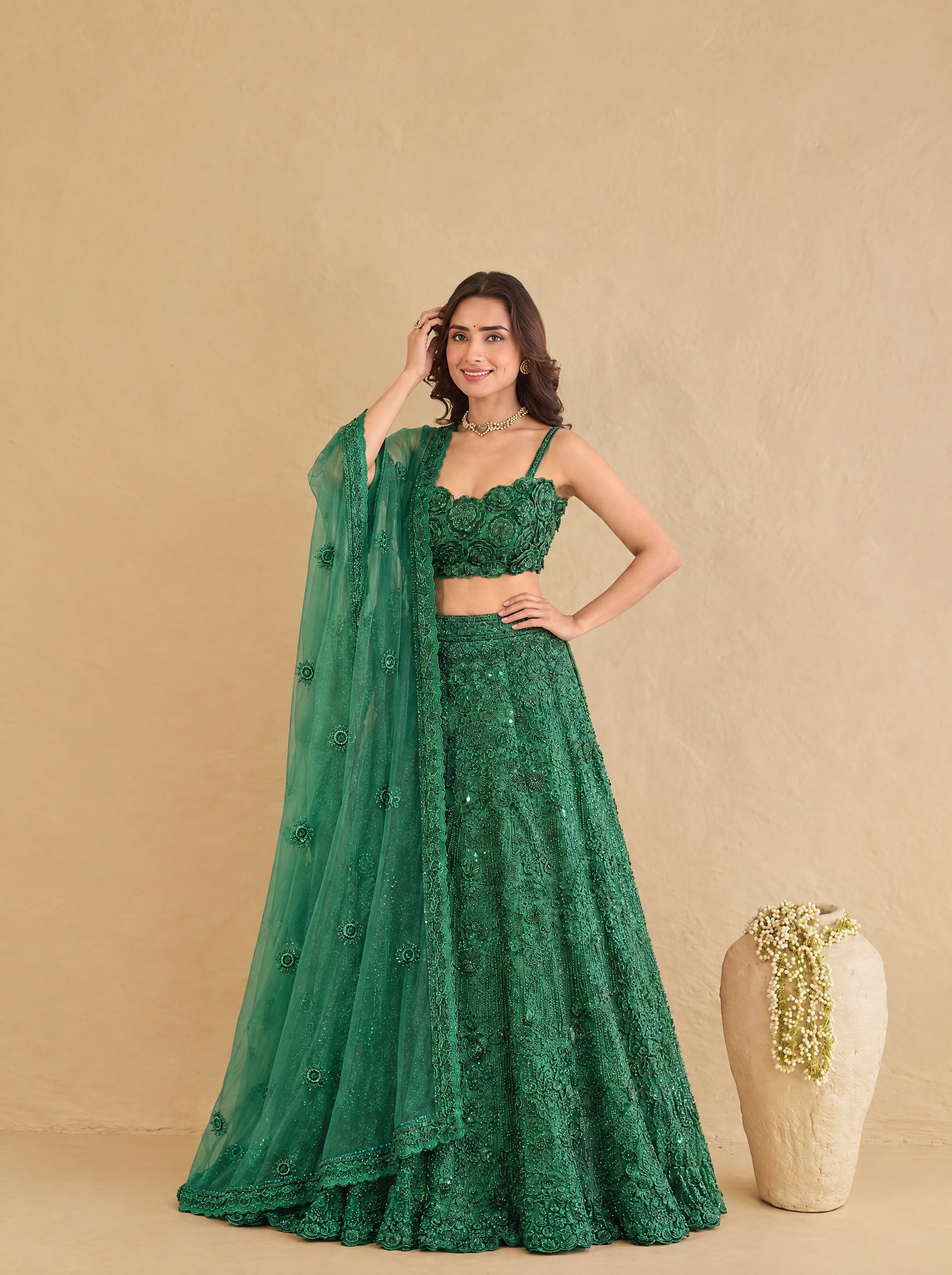 Dark Green Embroidered Heavy Designer Lehenga With Ready Blouse