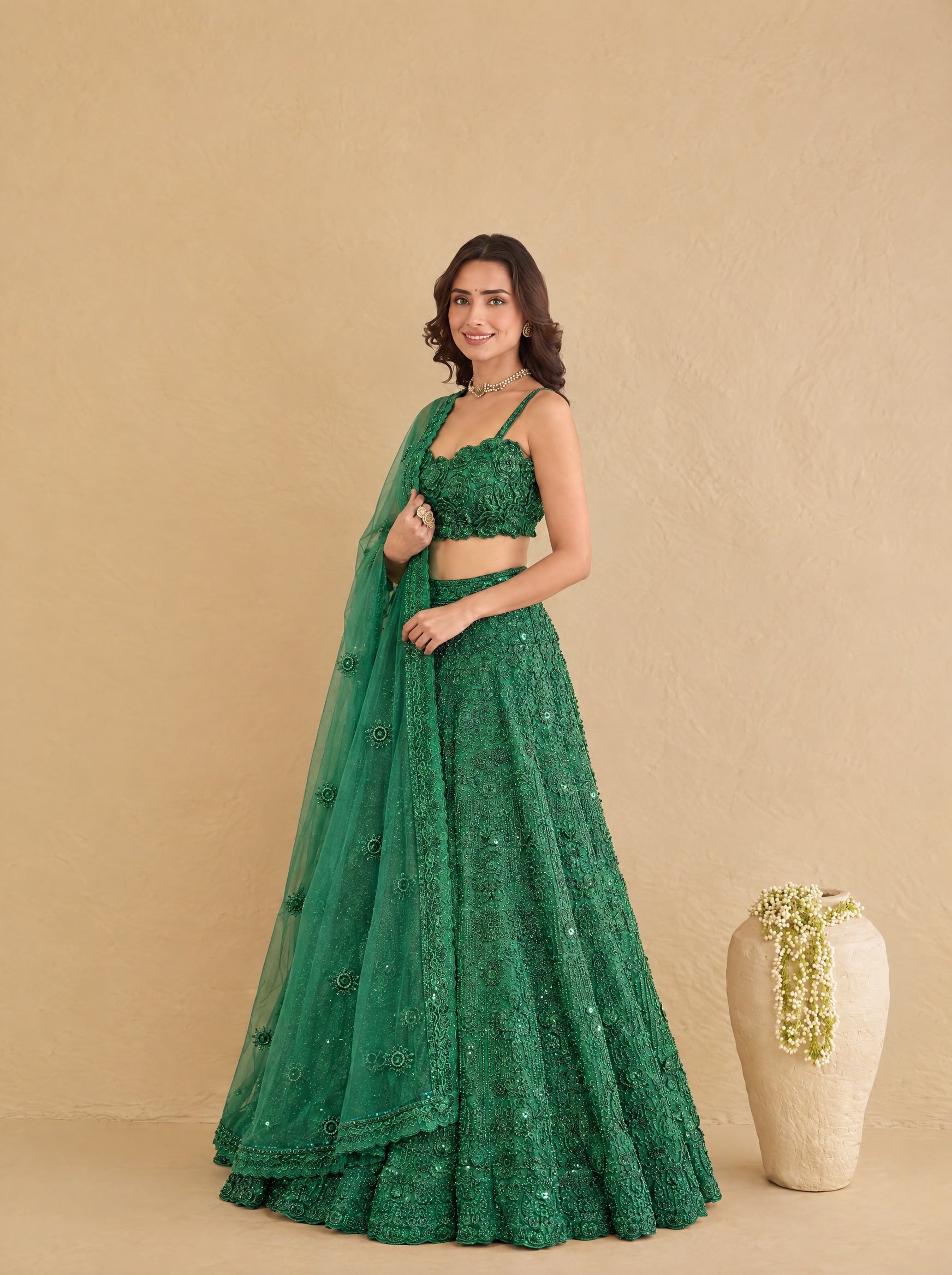 Dark Green Embroidered Heavy Designer Lehenga With Ready Blouse