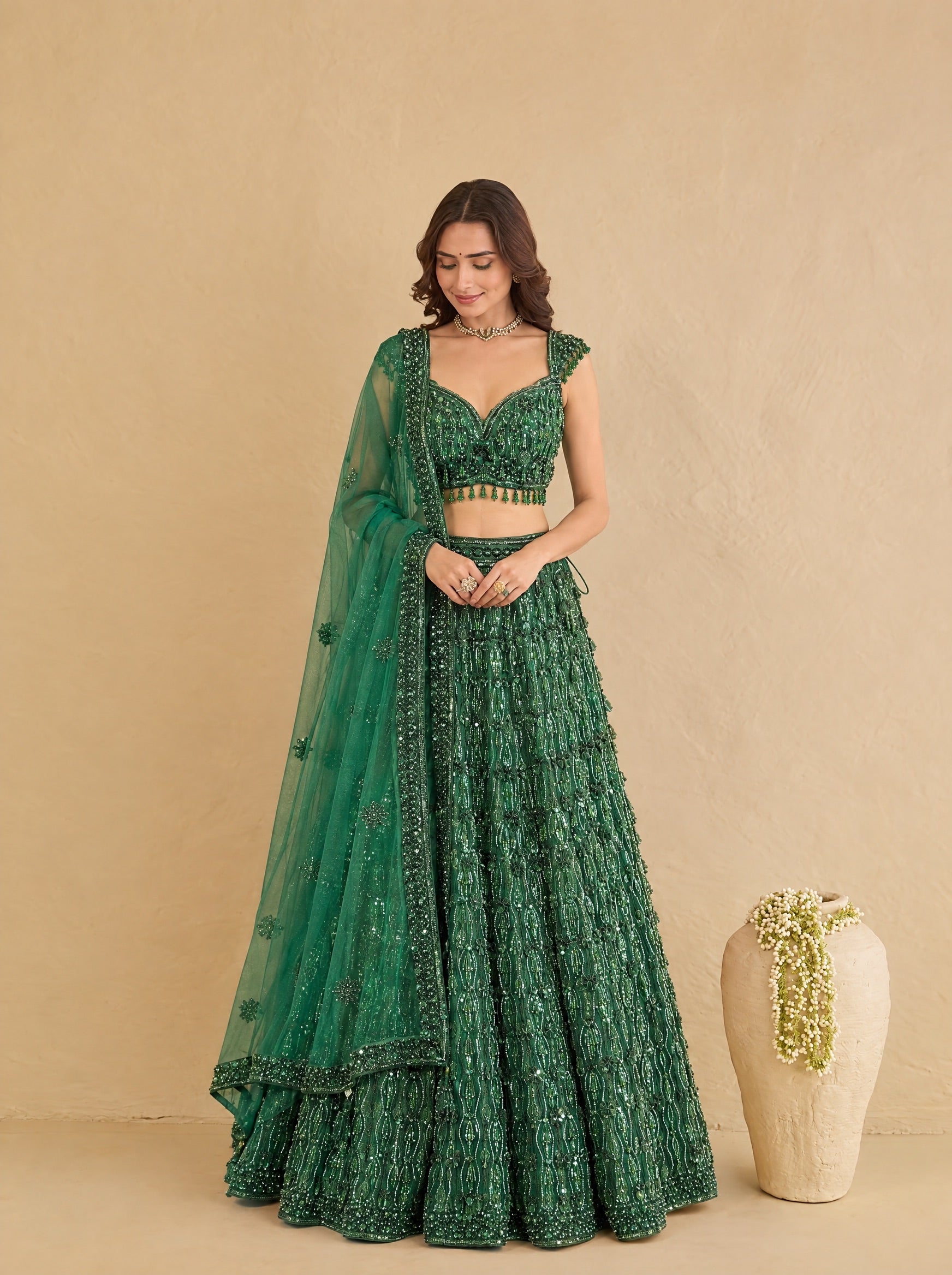 Emerald Green Embroidered Heavy Designer Lehenga With Ready Blouse