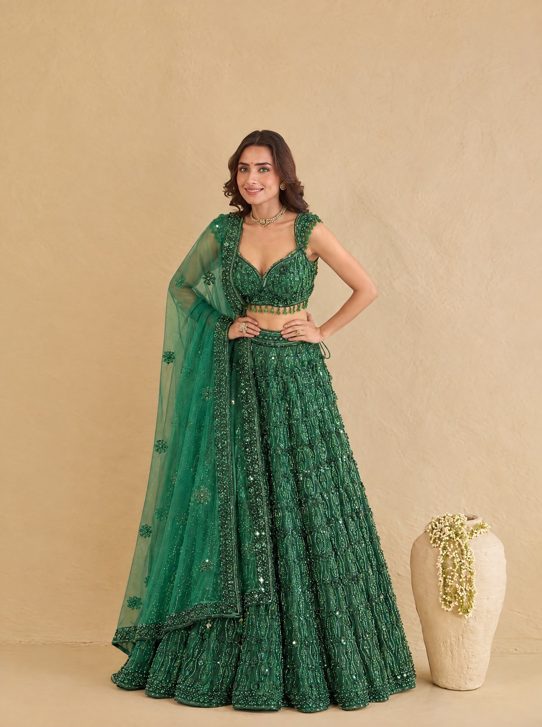 Emerald Green Embroidered Heavy Designer Lehenga With Ready Blouse