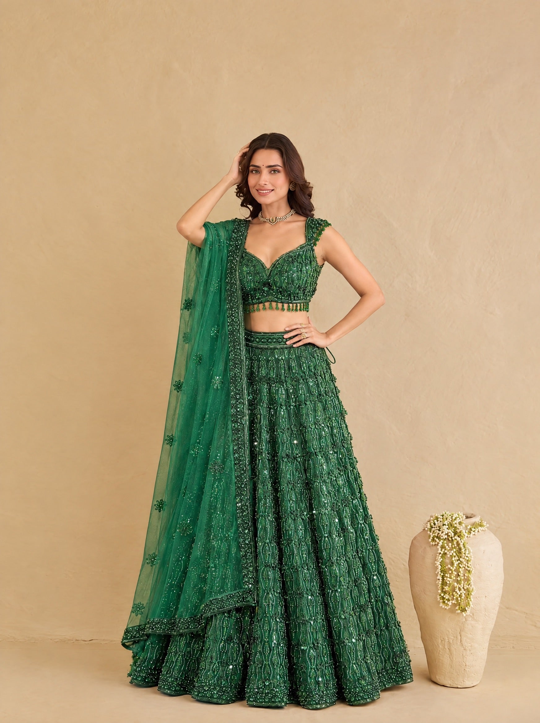 Emerald Green Embroidered Heavy Designer Lehenga With Ready Blouse