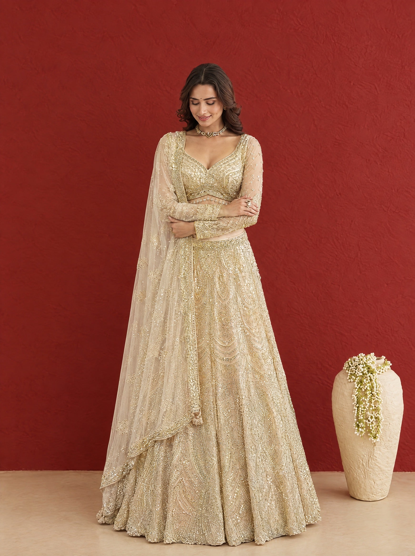 Light Beige Embroidered Heavy Designer Lehenga With Ready Blouse
