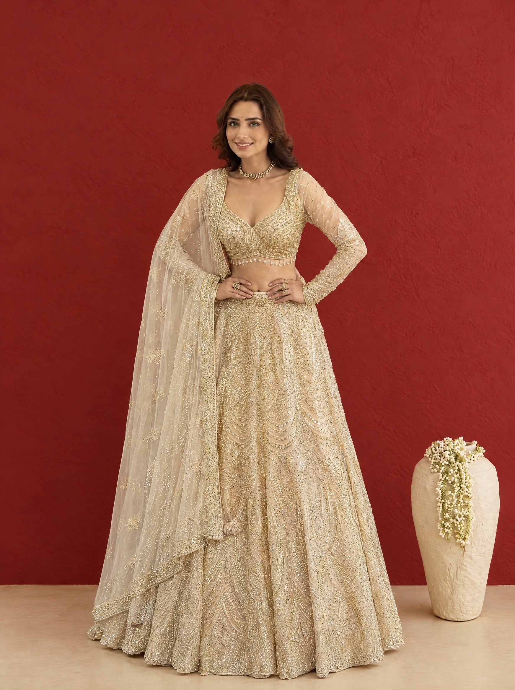 Light Beige Embroidered Heavy Designer Lehenga With Ready Blouse