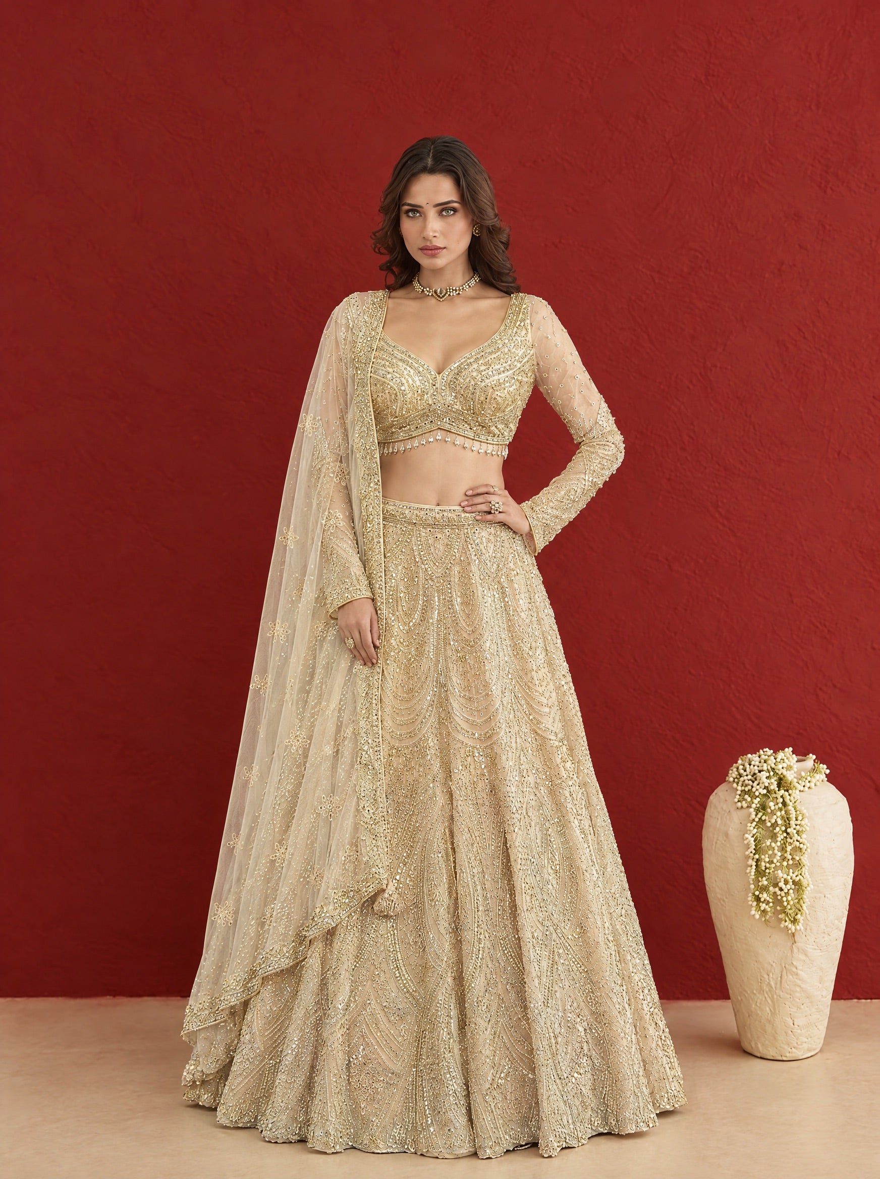 Light Beige Embroidered Heavy Designer Lehenga With Ready Blouse