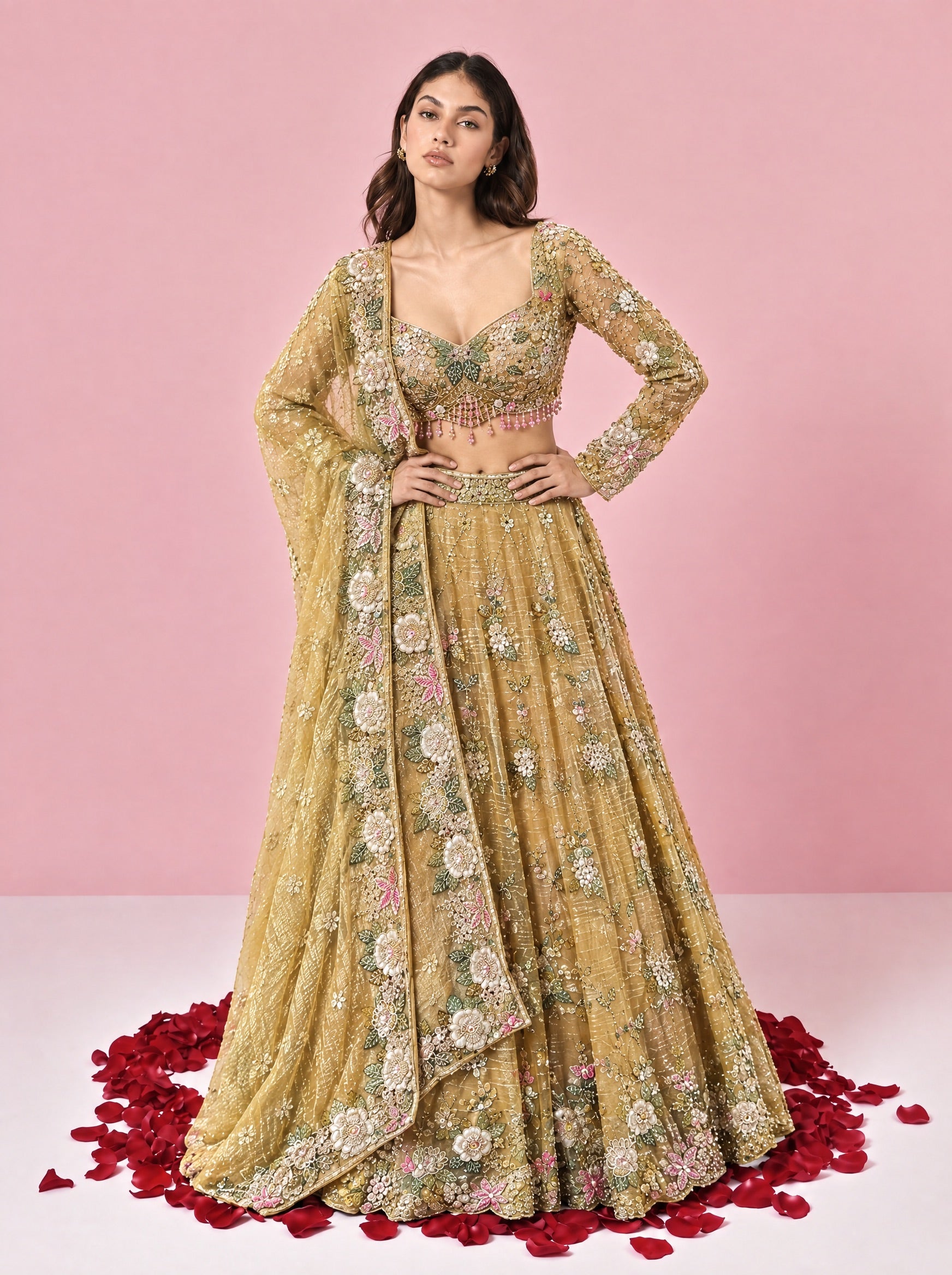 Beige Embroidered Designer Lehenga With Ready Blouse