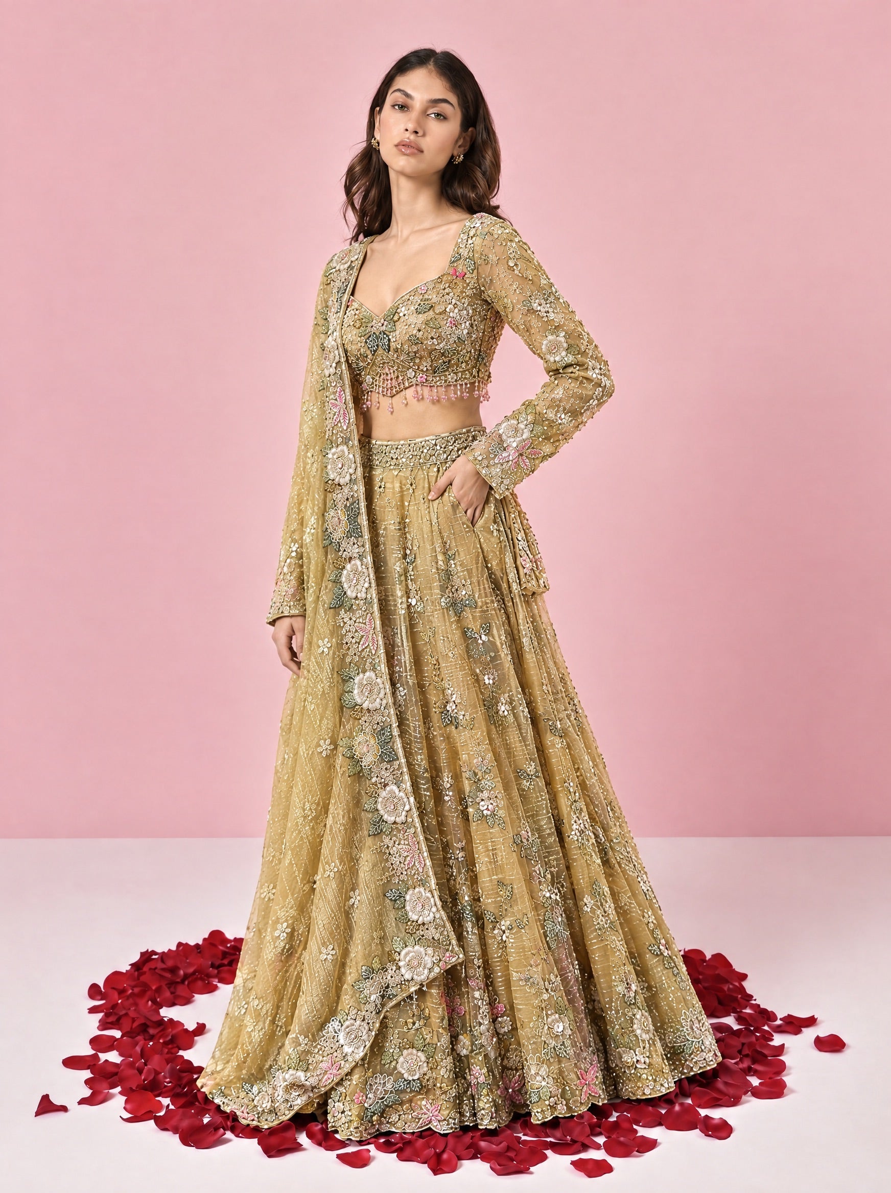 Beige Embroidered Designer Lehenga With Ready Blouse