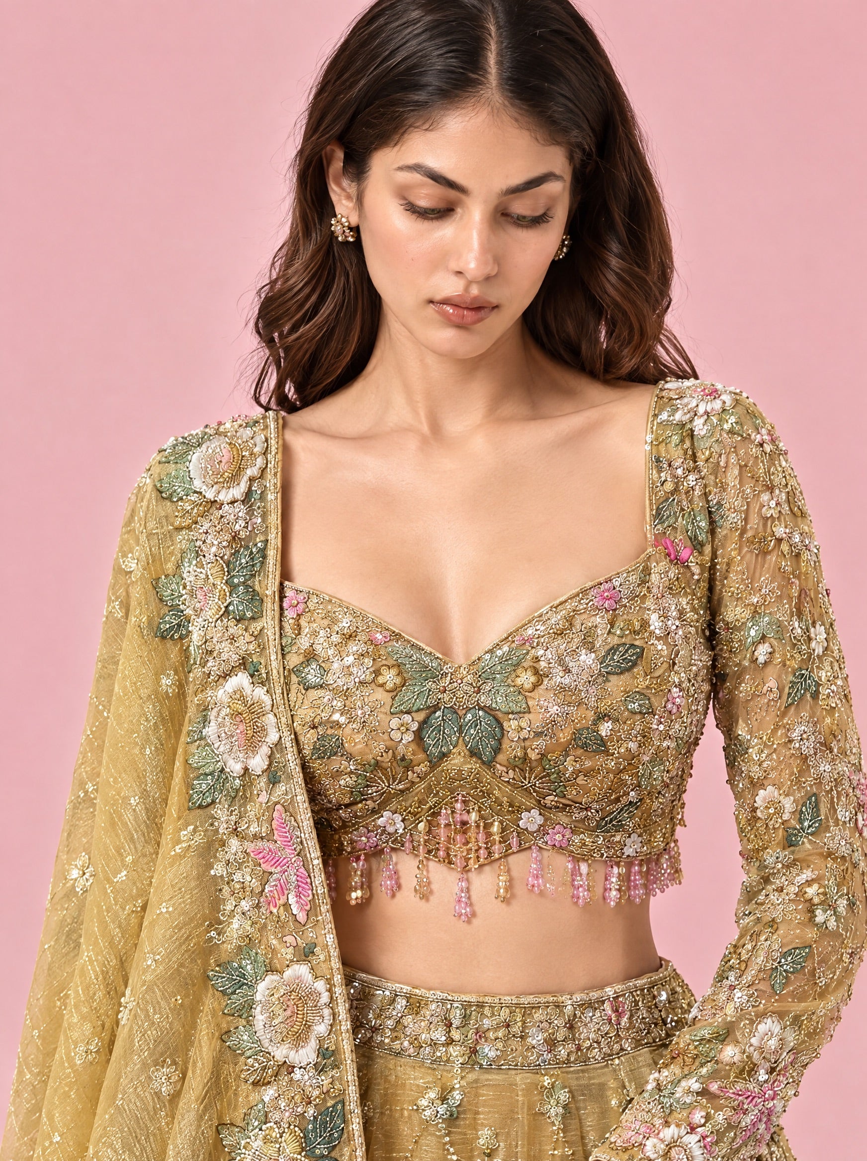 Beige Embroidered Designer Lehenga With Ready Blouse