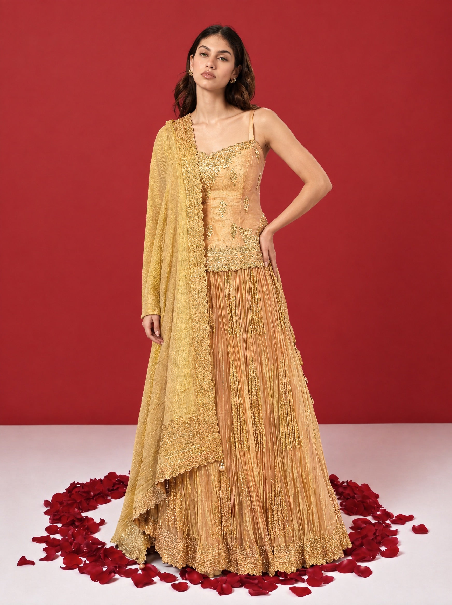 Light Gold Bodice Designer Lehenga With Long Ready Blouse