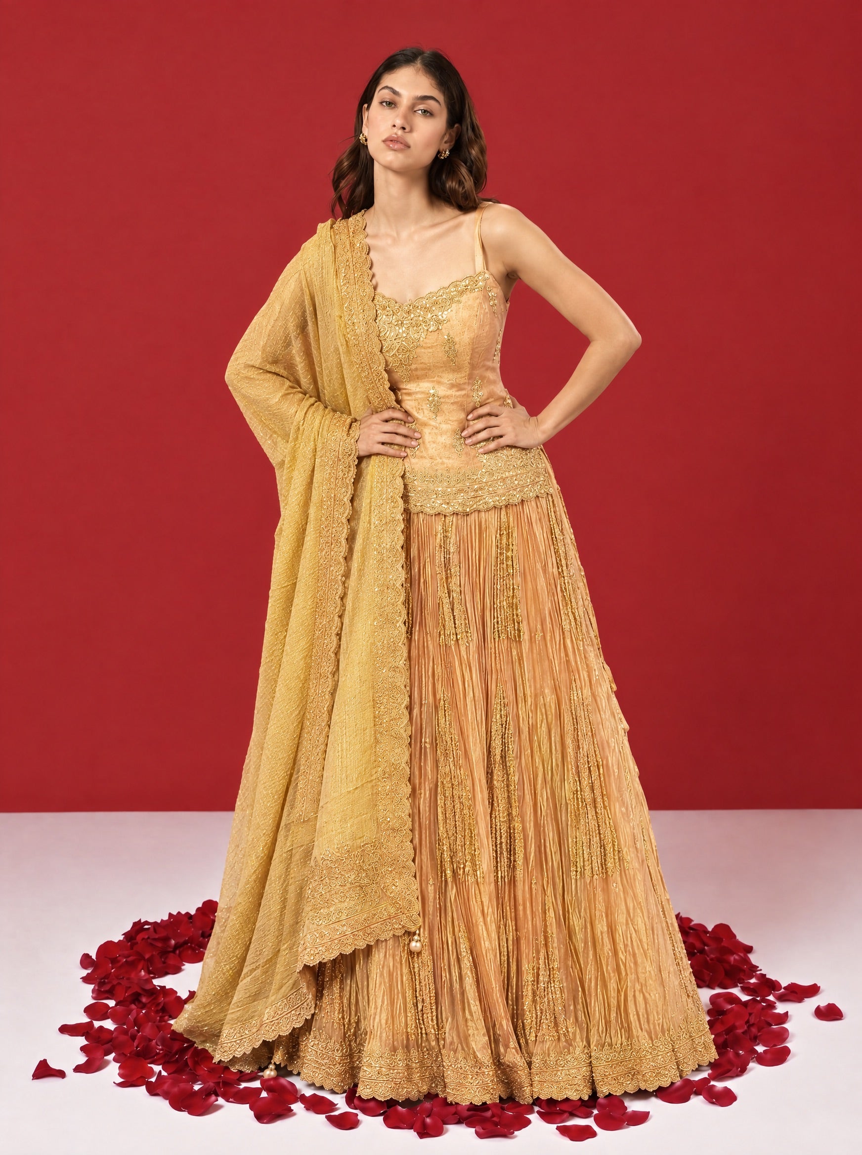 Light Gold Bodice Designer Lehenga With Long Ready Blouse