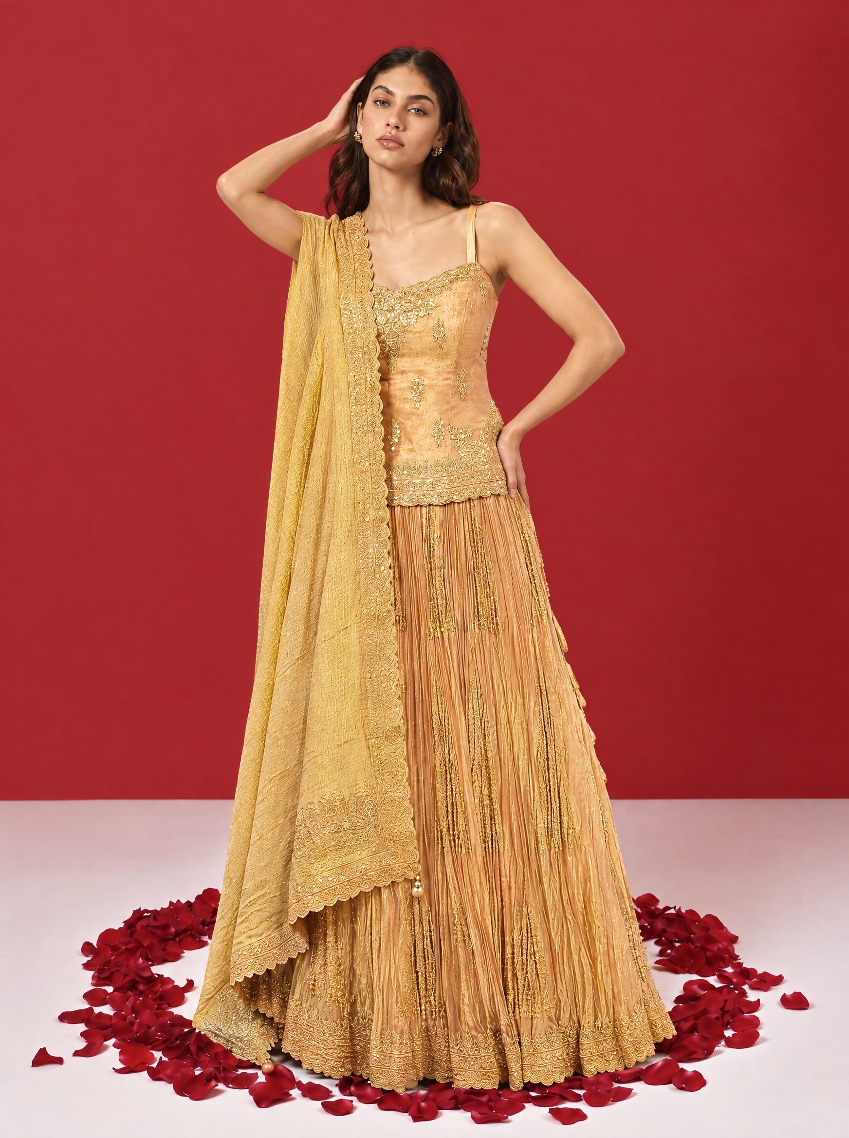 Light Gold Bodice Designer Lehenga With Long Ready Blouse
